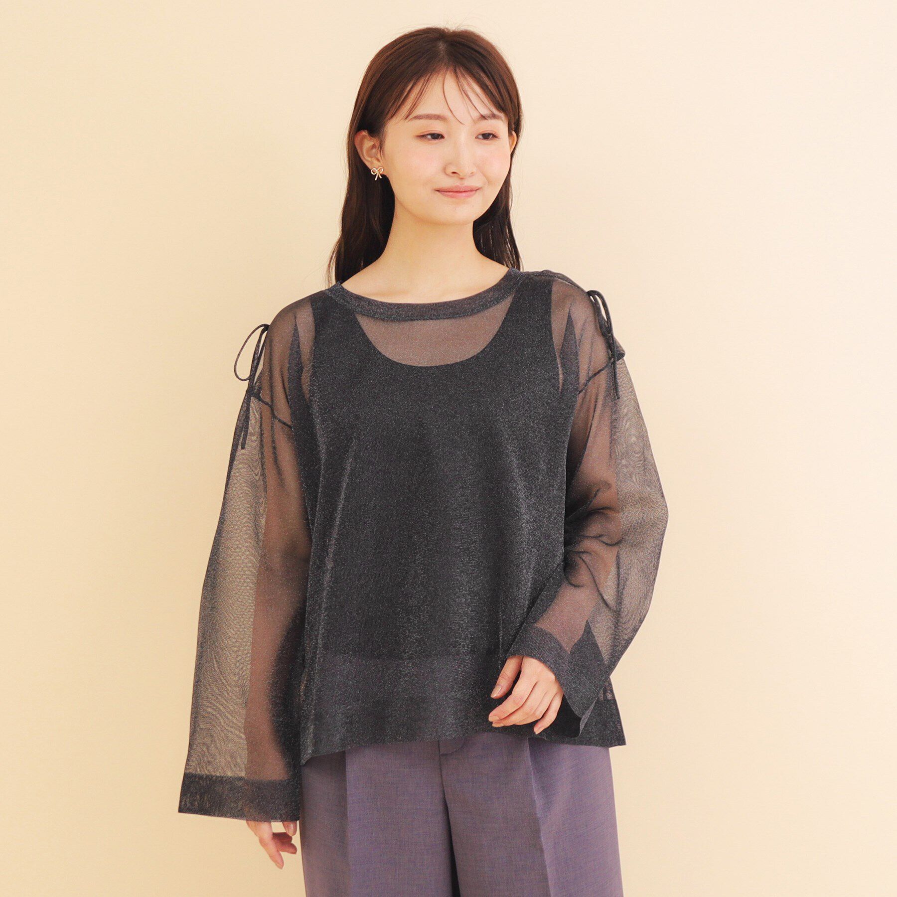 index「ラメシアースリットリボンスリーブニット【洗濯機洗い可/抗ピル】」|ニット・セーター|