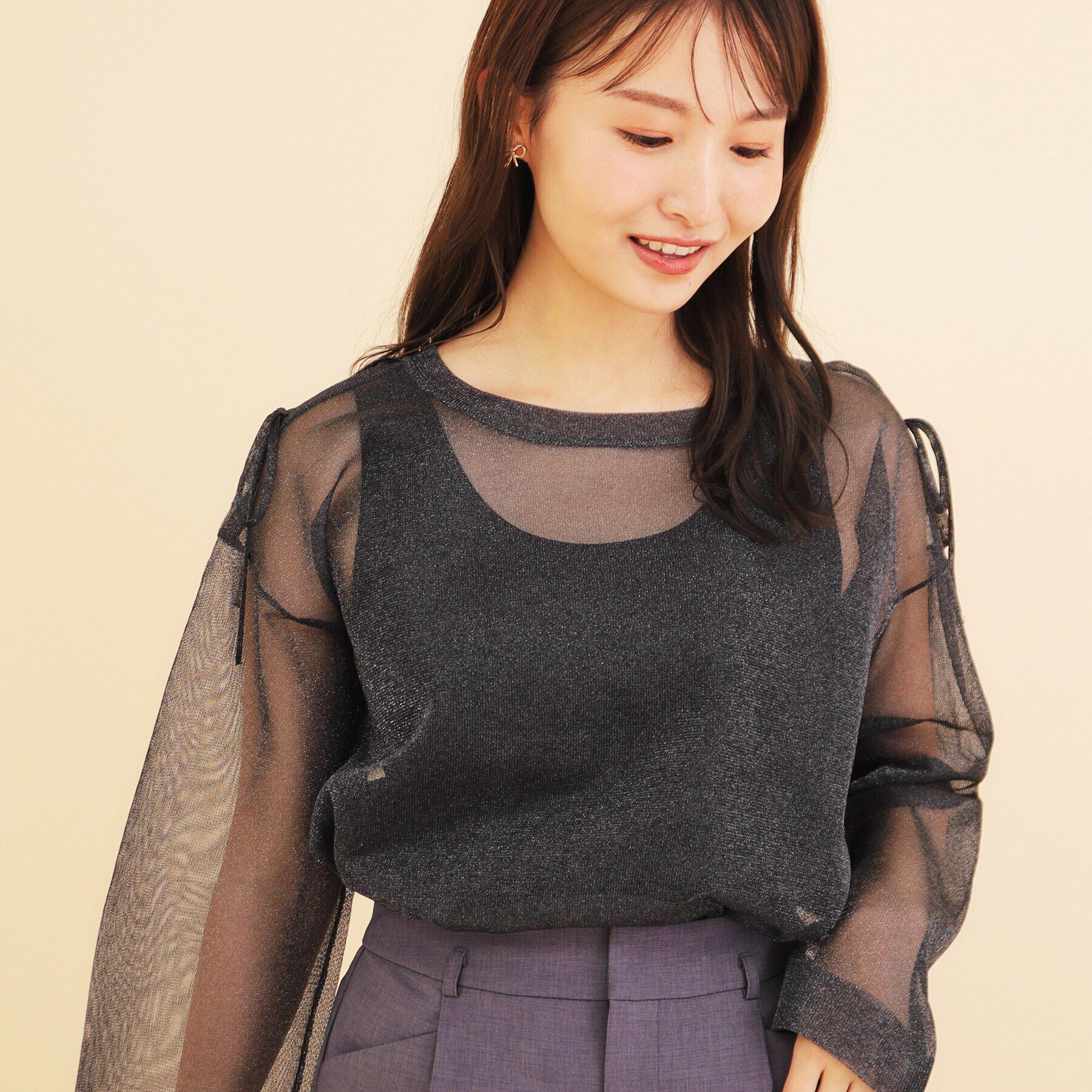 index「ラメシアースリットリボンスリーブニット【洗濯機洗い可/抗ピル】」|ニット・セーター|