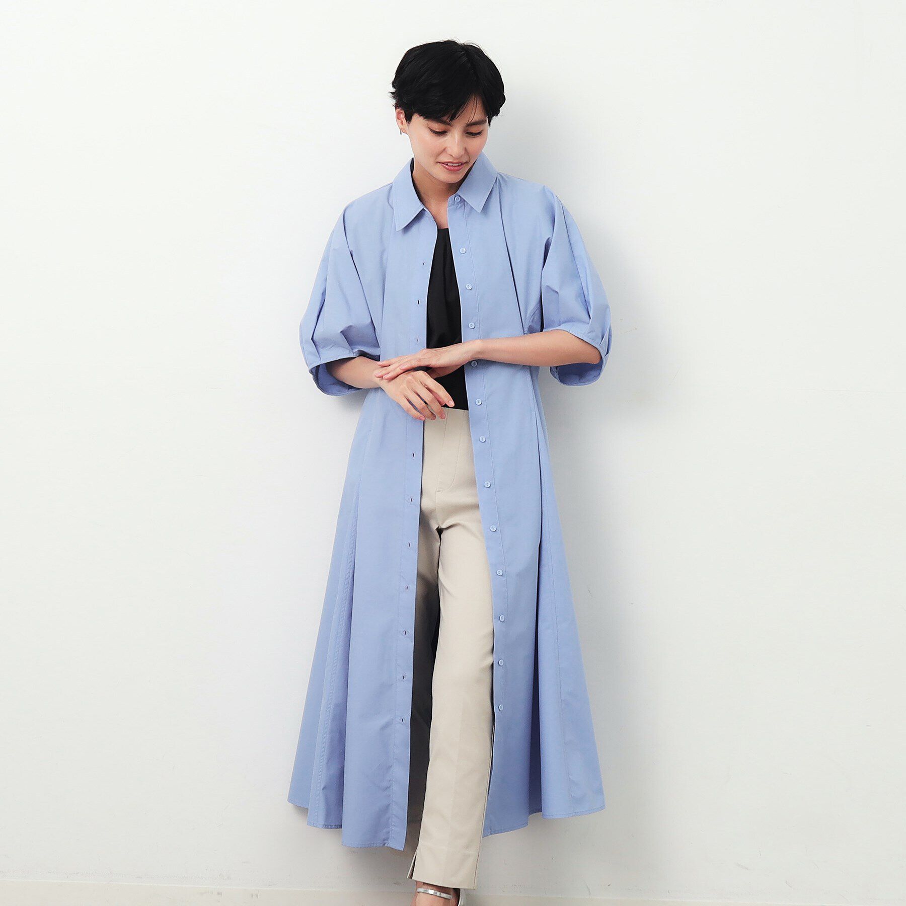 OPAQUE.CLIP「ドルマンスリーブシャツワンピース【洗濯機洗い可】」|ワンピース|ブルー(091)