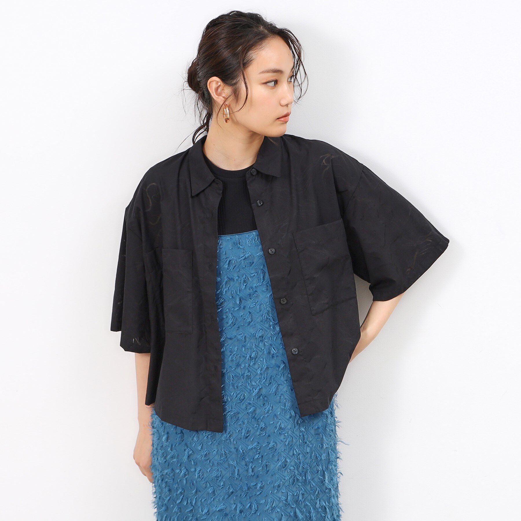 OPAQUE.CLIP「オパール柄ハーフスリーブシャツ【洗濯機洗い可】」|シャツ・ブラウス|ブラック(019)