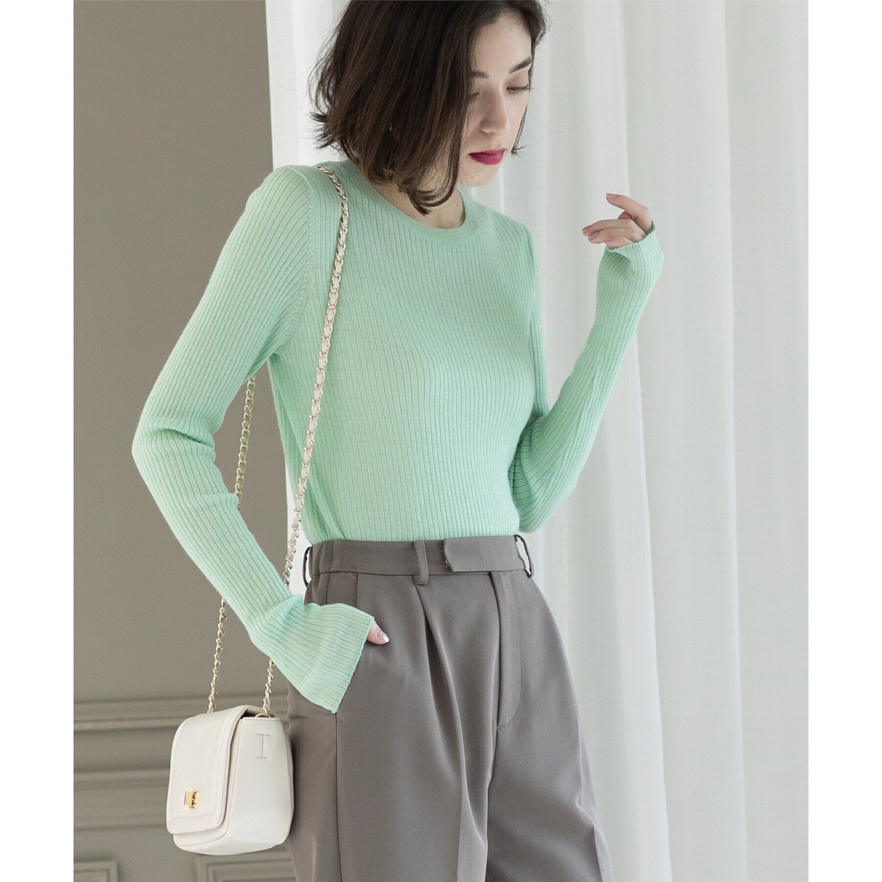 OPAQUE.CLIP「《5color》クルーネックシアーリブニット【洗濯機洗い可】」|ニット・セーター|