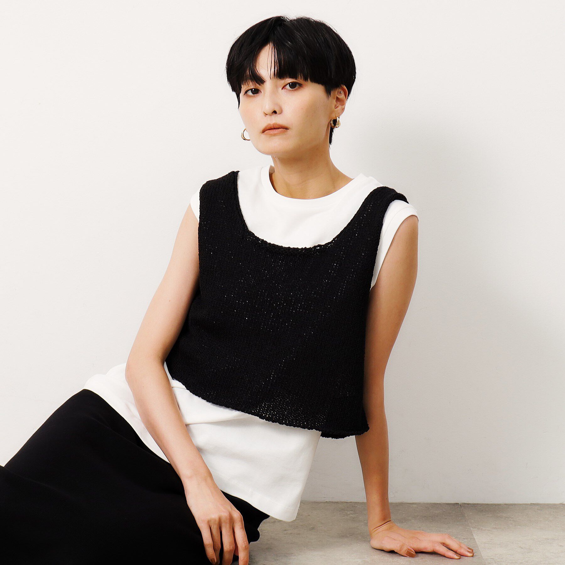 OPAQUE.CLIP「【前後2WAY/ツインセット】ニットビスチェ&times;ノースリーブ【洗濯機洗い可】」|Tシャツ・カットソー|ブラック(019)