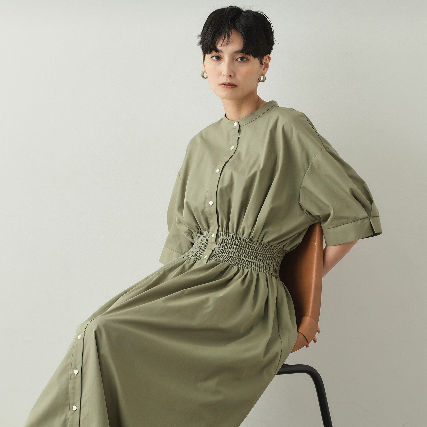 OPAQUE.CLIP「ウエストシャーリング シャツワンピース【洗濯機洗い可】」|ワンピース|