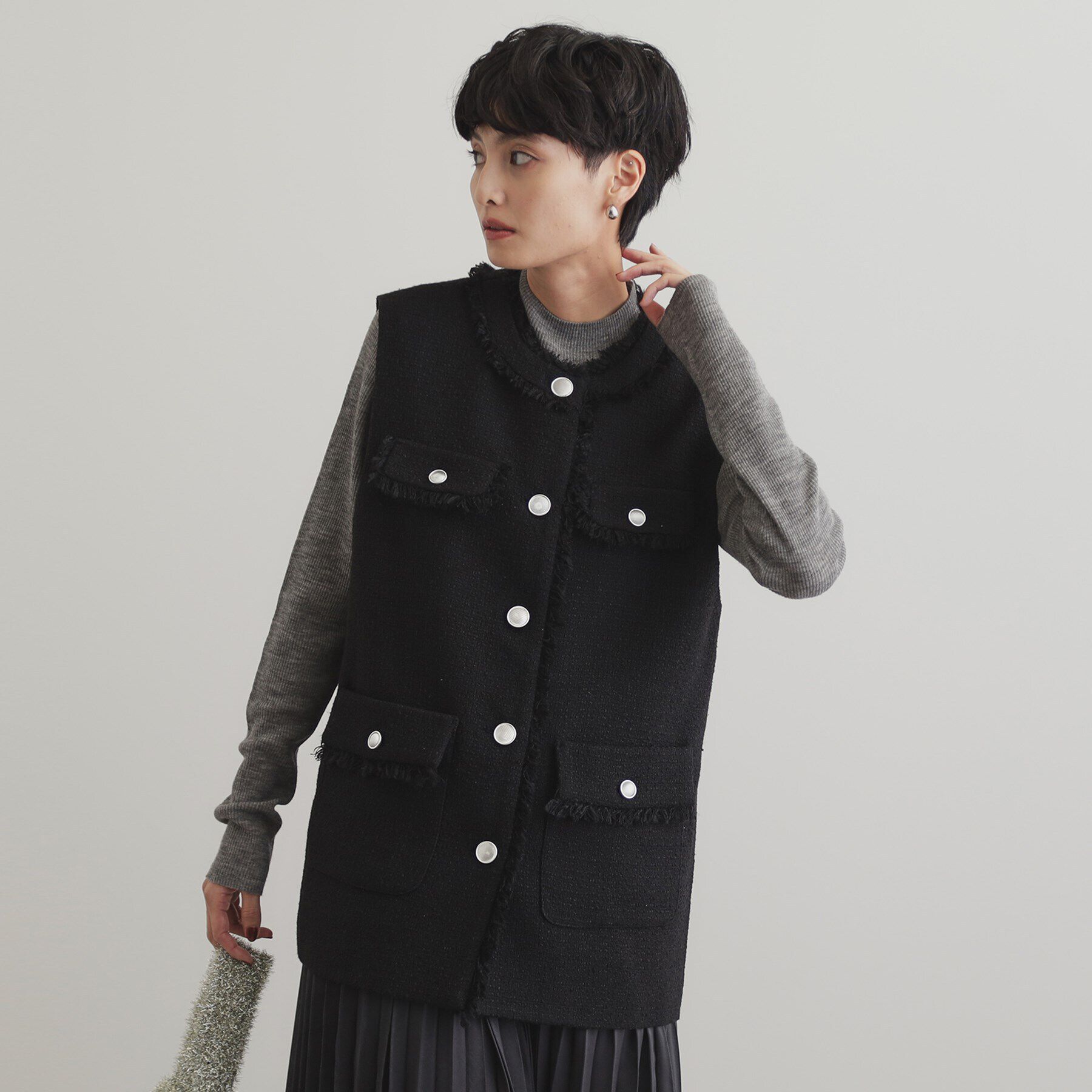 OPAQUE.CLIP「ツイードジレ【洗濯機洗い可】」|ベスト・ジレ|ブラック(019)