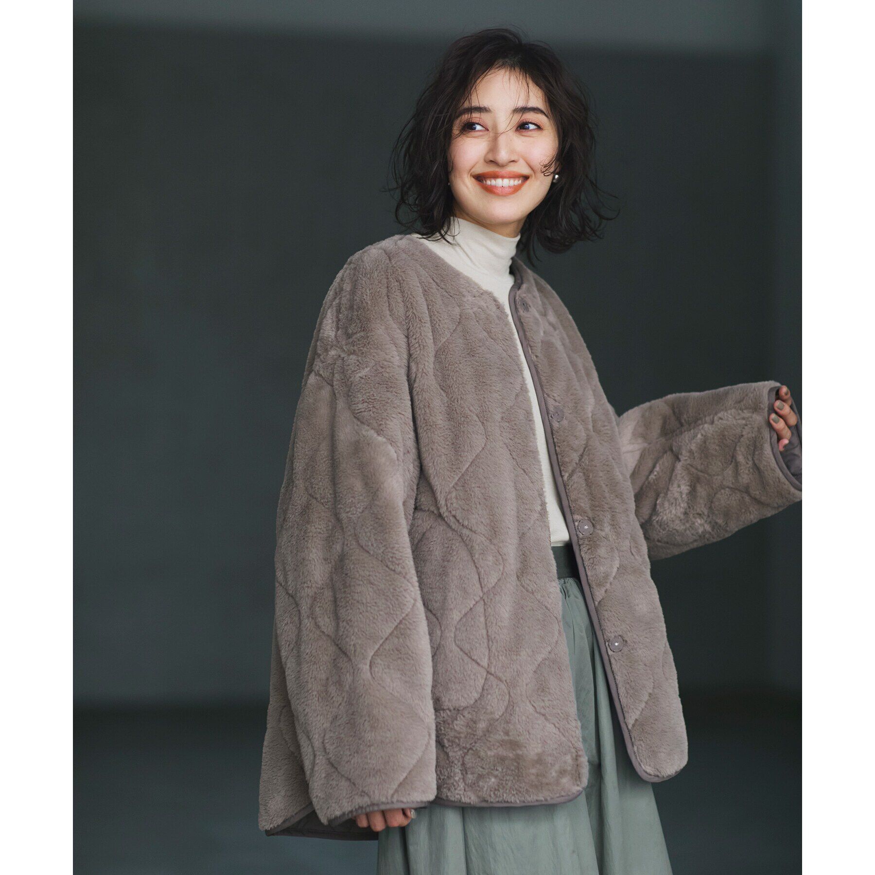 OPAQUE.CLIP「《リバーシブル》キルティング&times;フェイクファージャケット【洗濯機洗い可】」|ノーカラーコート|