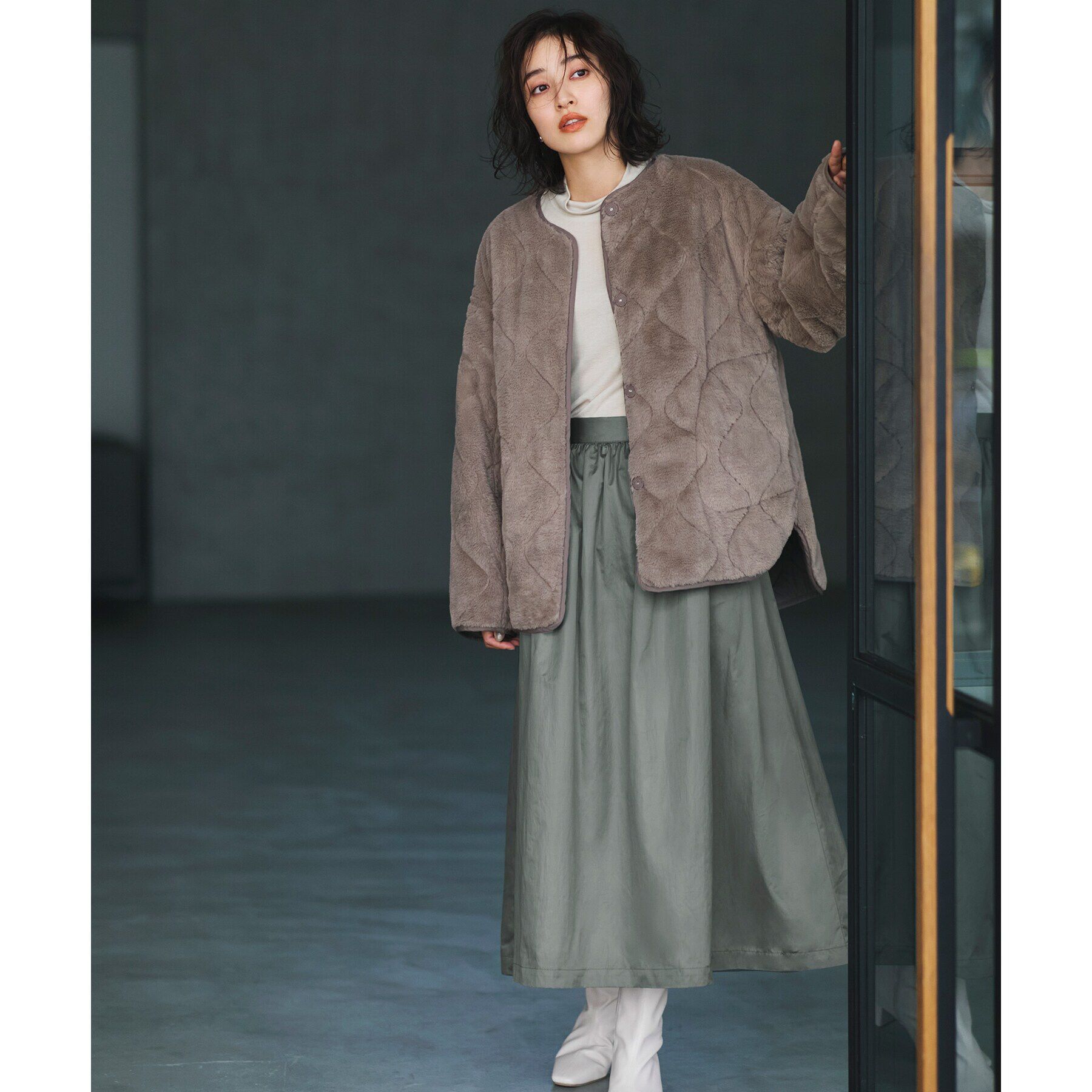 OPAQUE.CLIP「《リバーシブル》キルティング&times;フェイクファージャケット【洗濯機洗い可】」|ノーカラーコート|