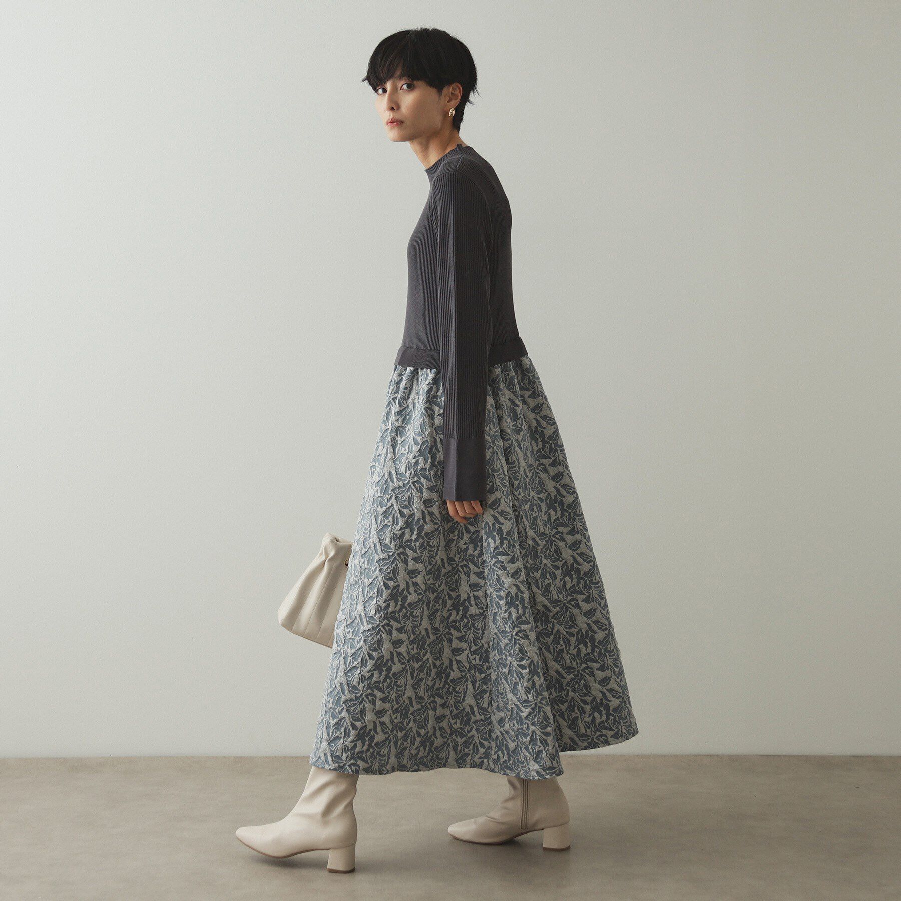OPAQUE.CLIP「ニット&times;ジャカードドッキングワンピース【洗濯機洗い可】」|ワンピース|