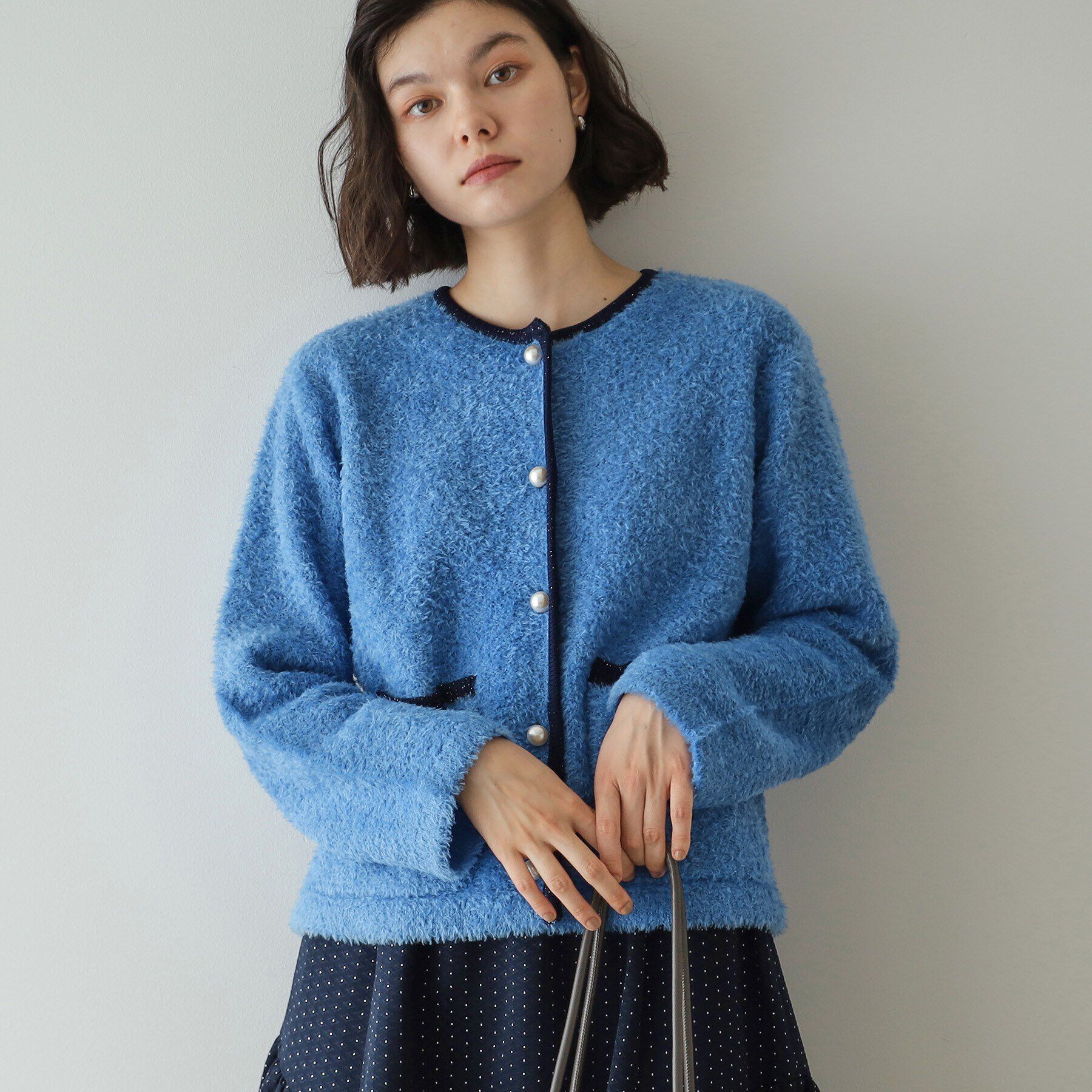 OPAQUE.CLIP「《美人百花掲載》ブークレ配色ニットカーディガン【洗濯機洗い可】」|カーディガン|ブルー(592)