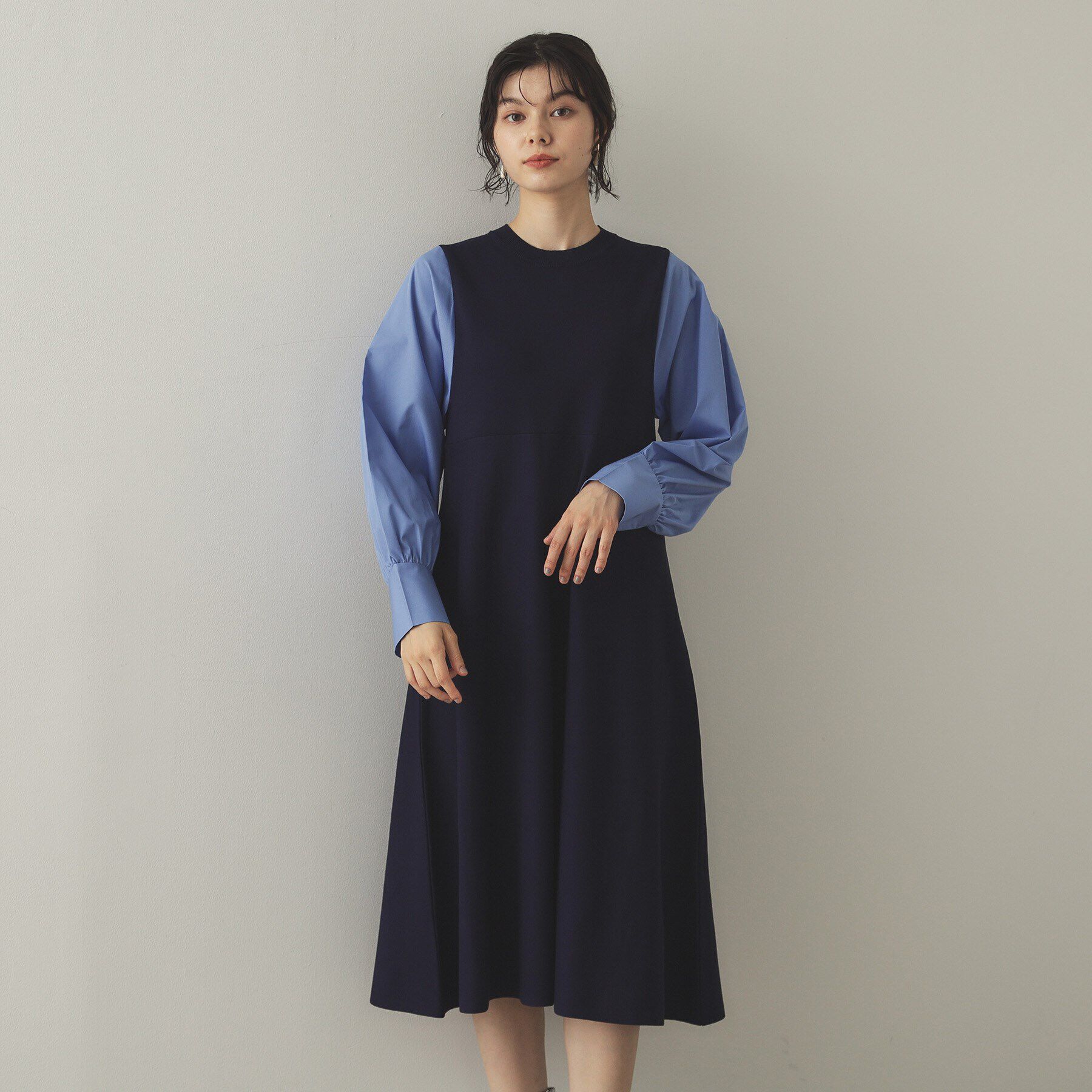 OPAQUE.CLIP「フハクスリーブ ドッキングニットフレアワンピース【洗濯機洗い可】」|ワンピース|