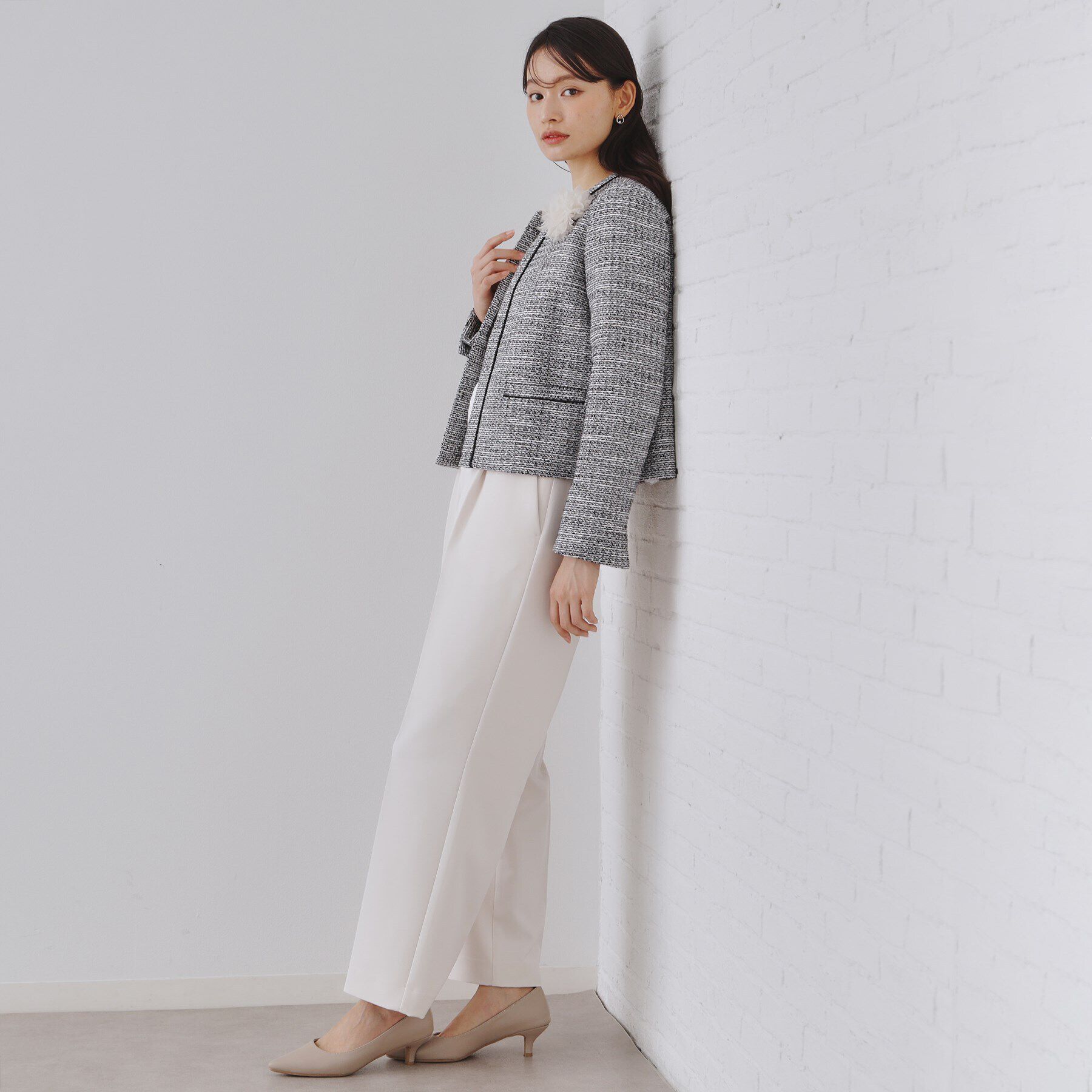 OPAQUE.CLIP「《通勤・セレモニー対応》コットンツイードジャケット」|ノーカラージャケット|