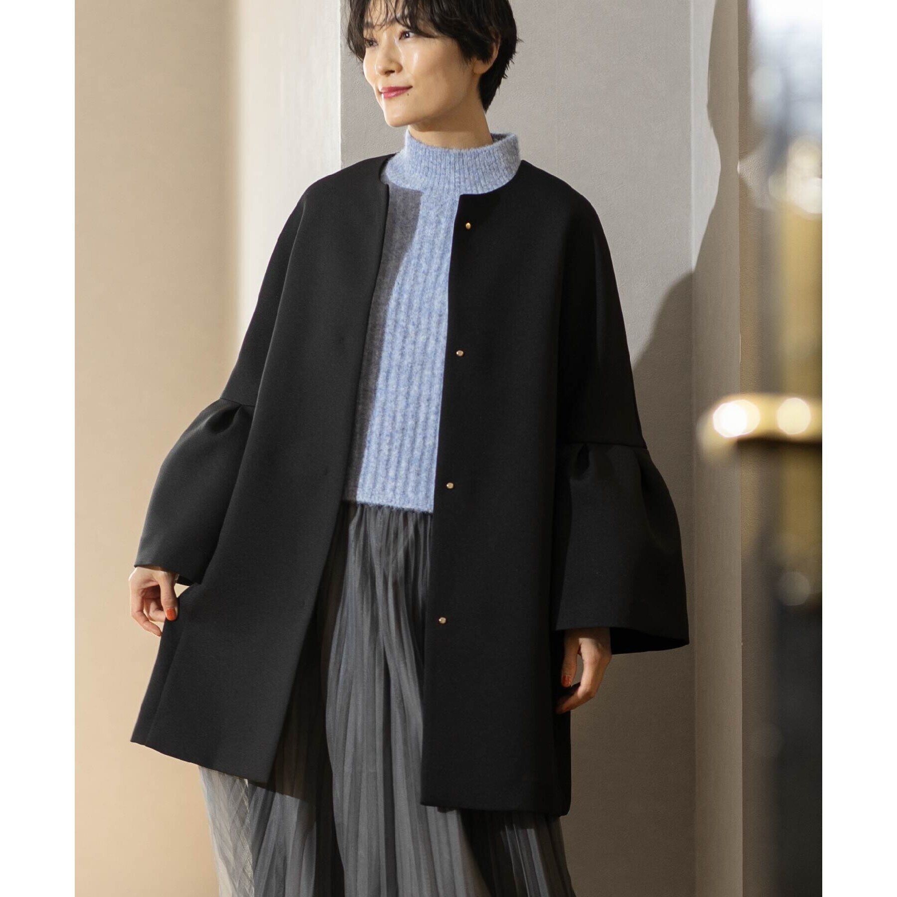 OPAQUE.CLIP「フレアスリーブミドルコート【洗える】」|ノーカラーコート|