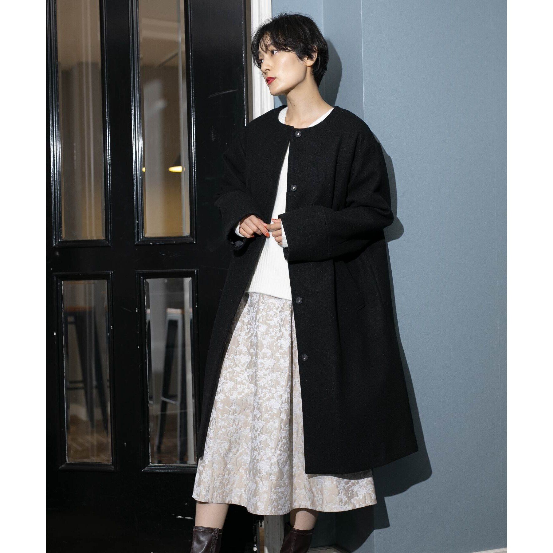 OPAQUE.CLIP「《S-LLsize》ウールライク メルトンノーカラーロングコート」|ノーカラーコート|ブラック(019)