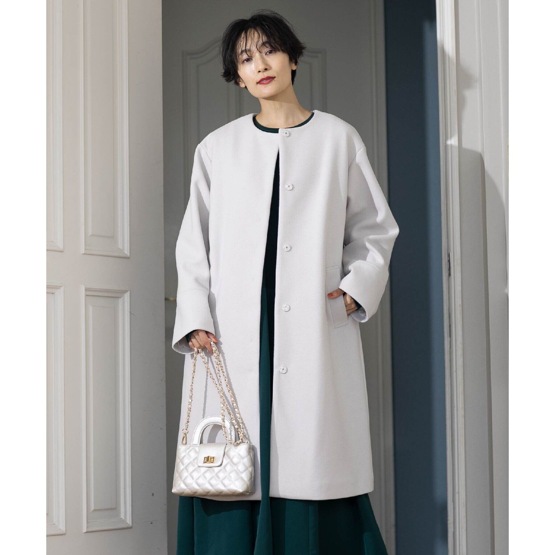 OPAQUE.CLIP「《S-LLsize》ウールライク メルトンノーカラーロングコート」|ノーカラーコート|