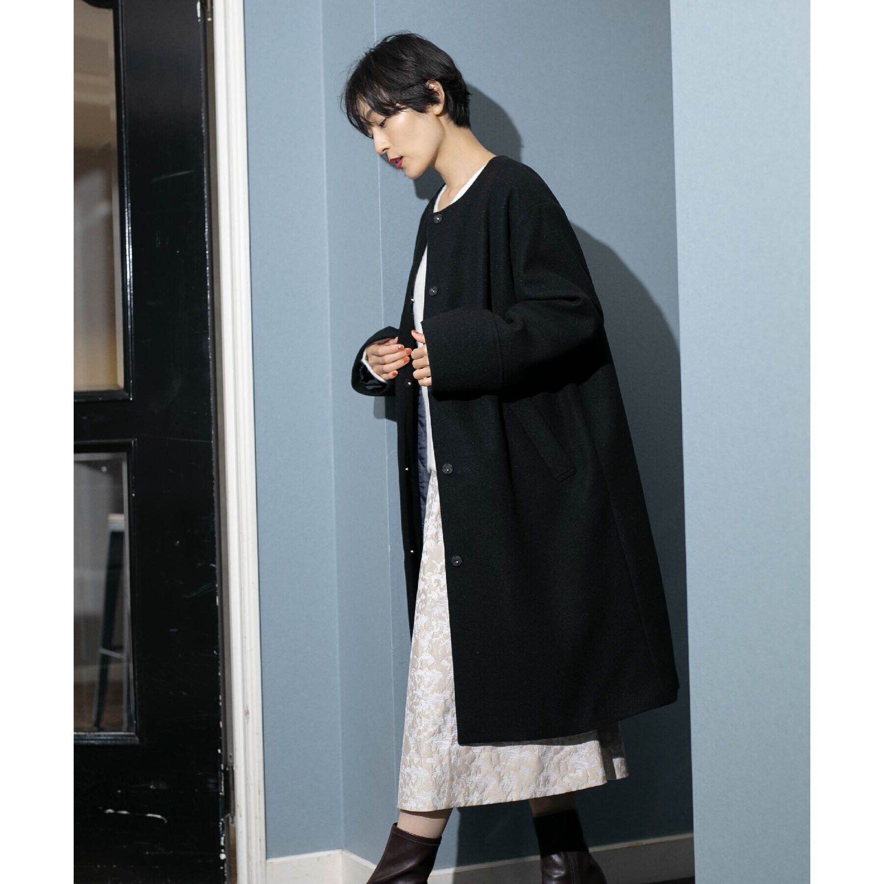 OPAQUE.CLIP「《S-LLsize》ウールライク メルトンノーカラーロングコート」|ノーカラーコート|