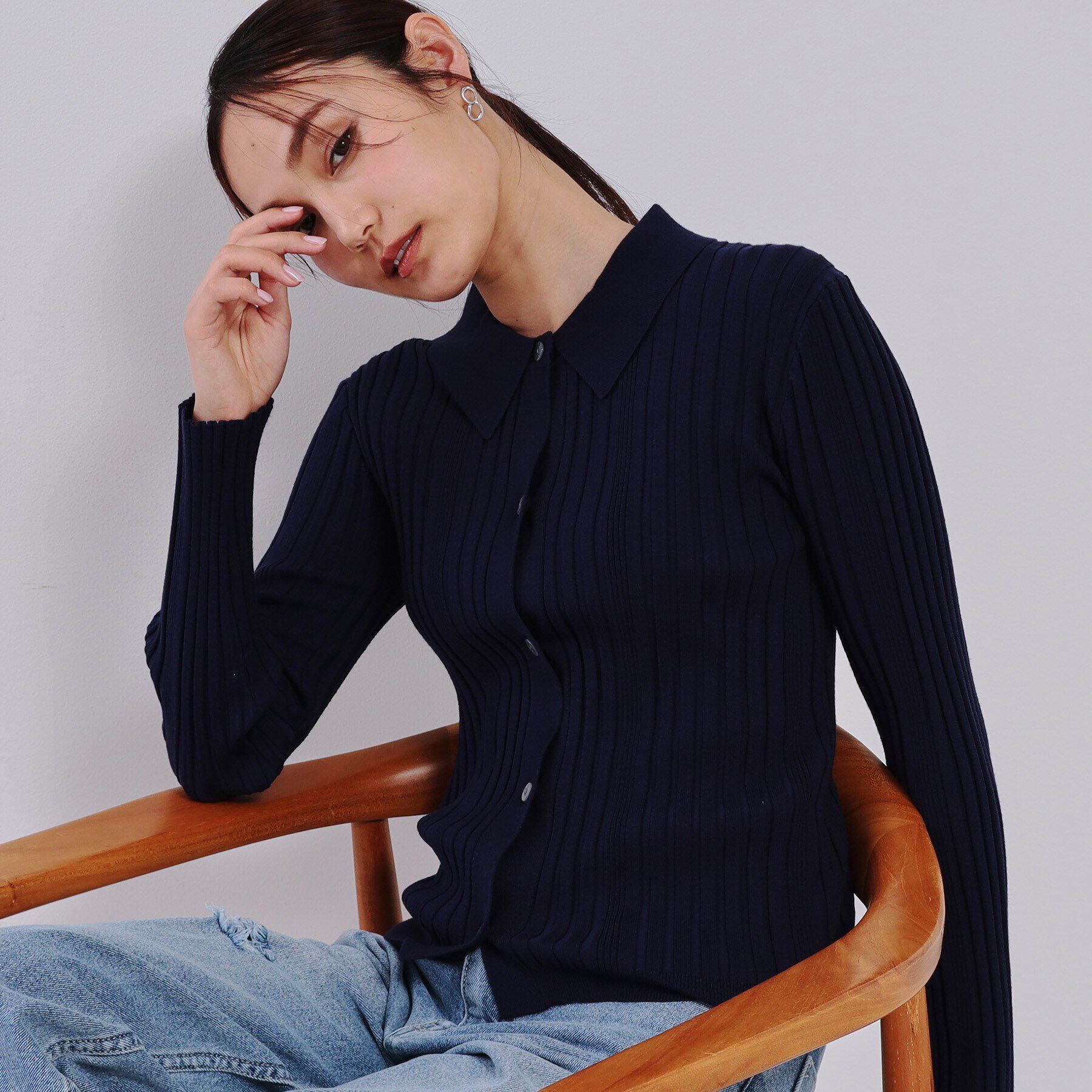 OPAQUE.CLIP「《CLASSY掲載》ランダムリブポロ衿ニット【洗濯機洗い可】」|ニット・セーター|ネイビー(094)