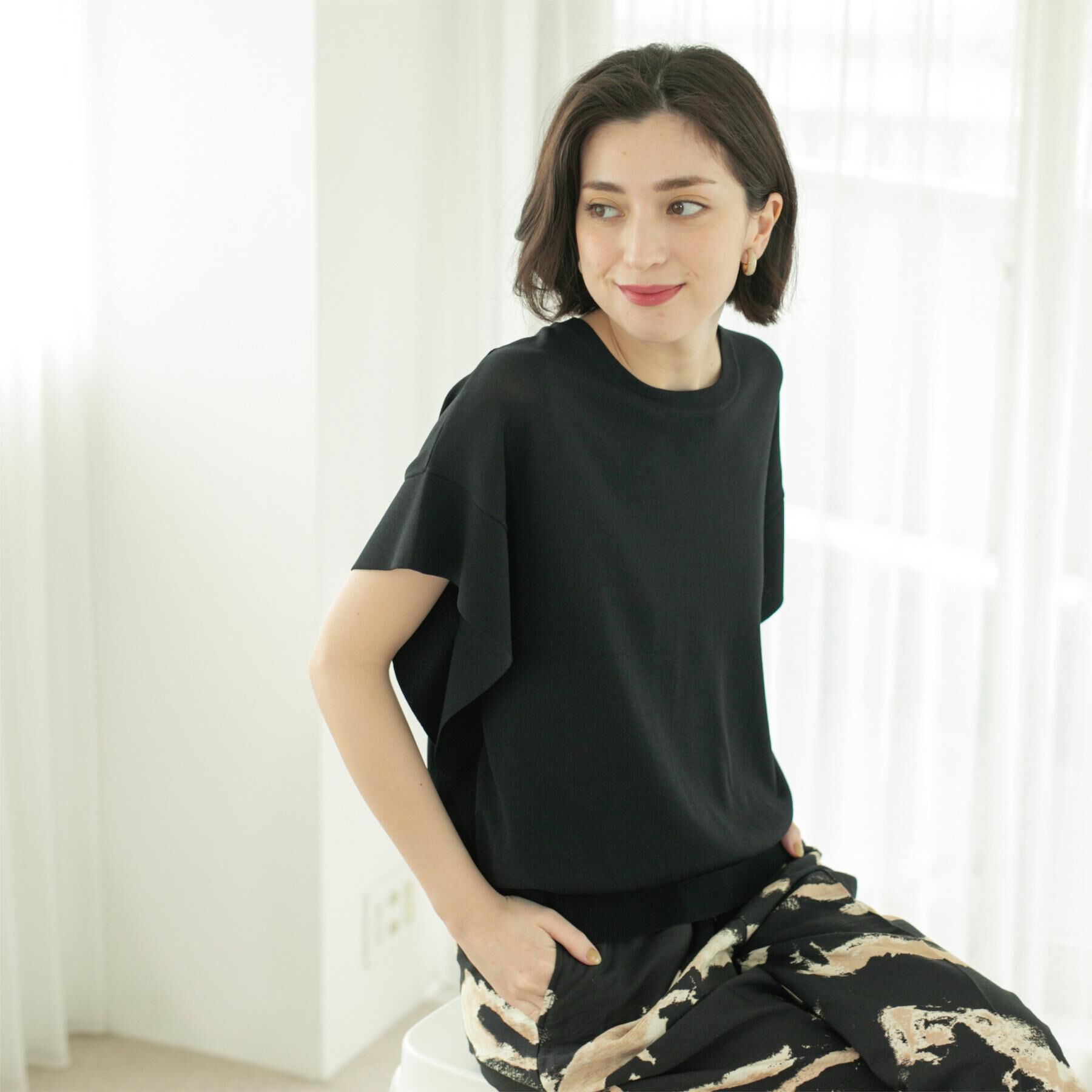 OPAQUE.CLIP「フリルスリーブニット【UVケア/接触冷感/洗濯機洗い可/抗ピル】」|ニット・セーター|