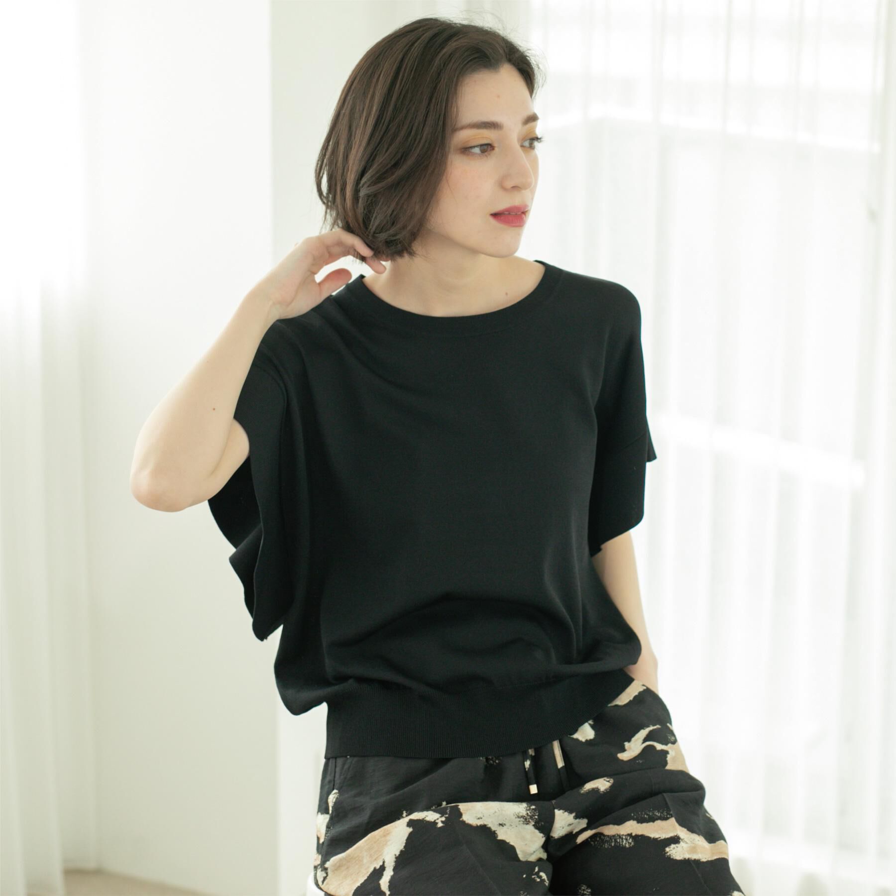 OPAQUE.CLIP「フリルスリーブニット【UVケア/接触冷感/洗濯機洗い可/抗ピル】」|ニット・セーター|