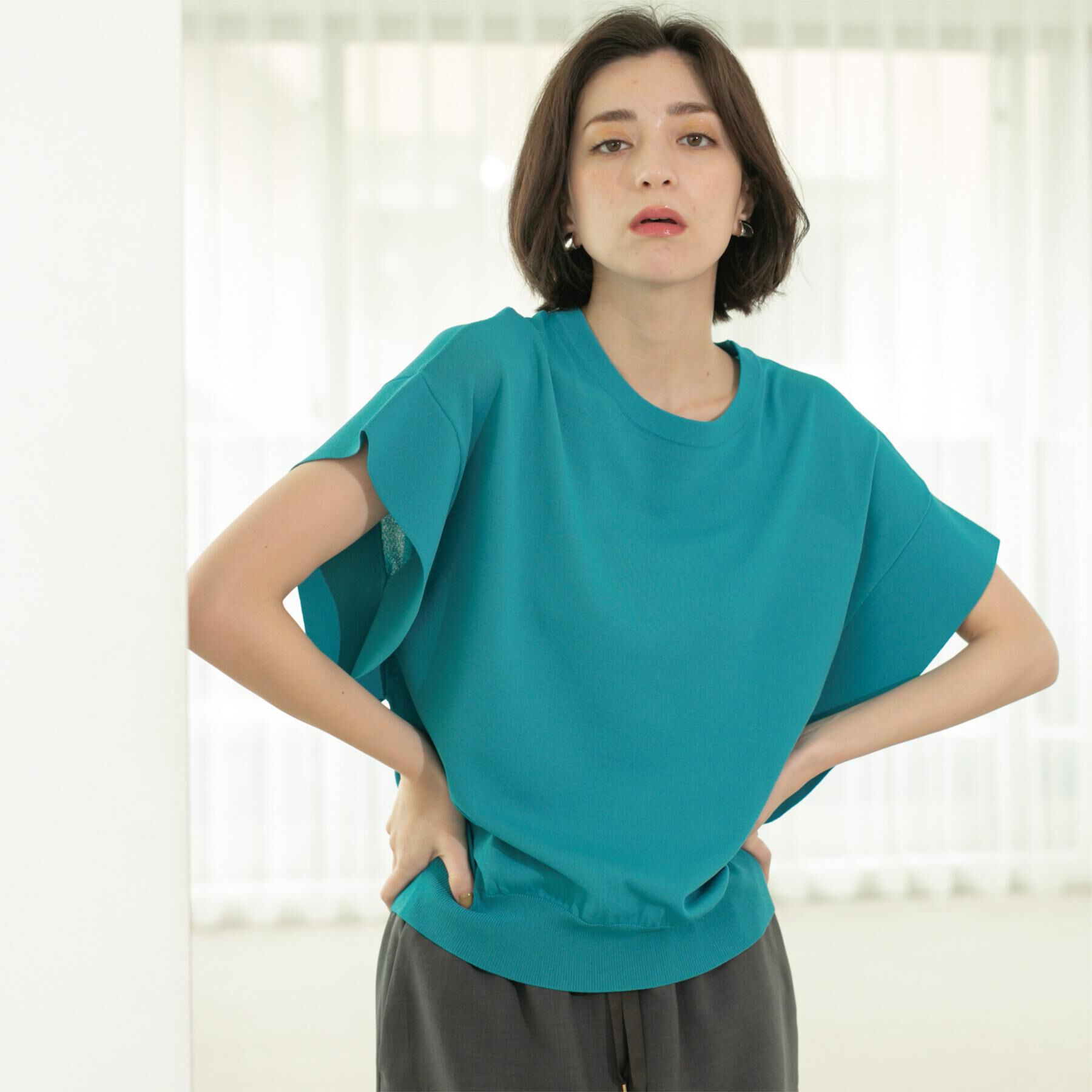 OPAQUE.CLIP「フリルスリーブニット【UVケア/接触冷感/洗濯機洗い可/抗ピル】」|ニット・セーター|