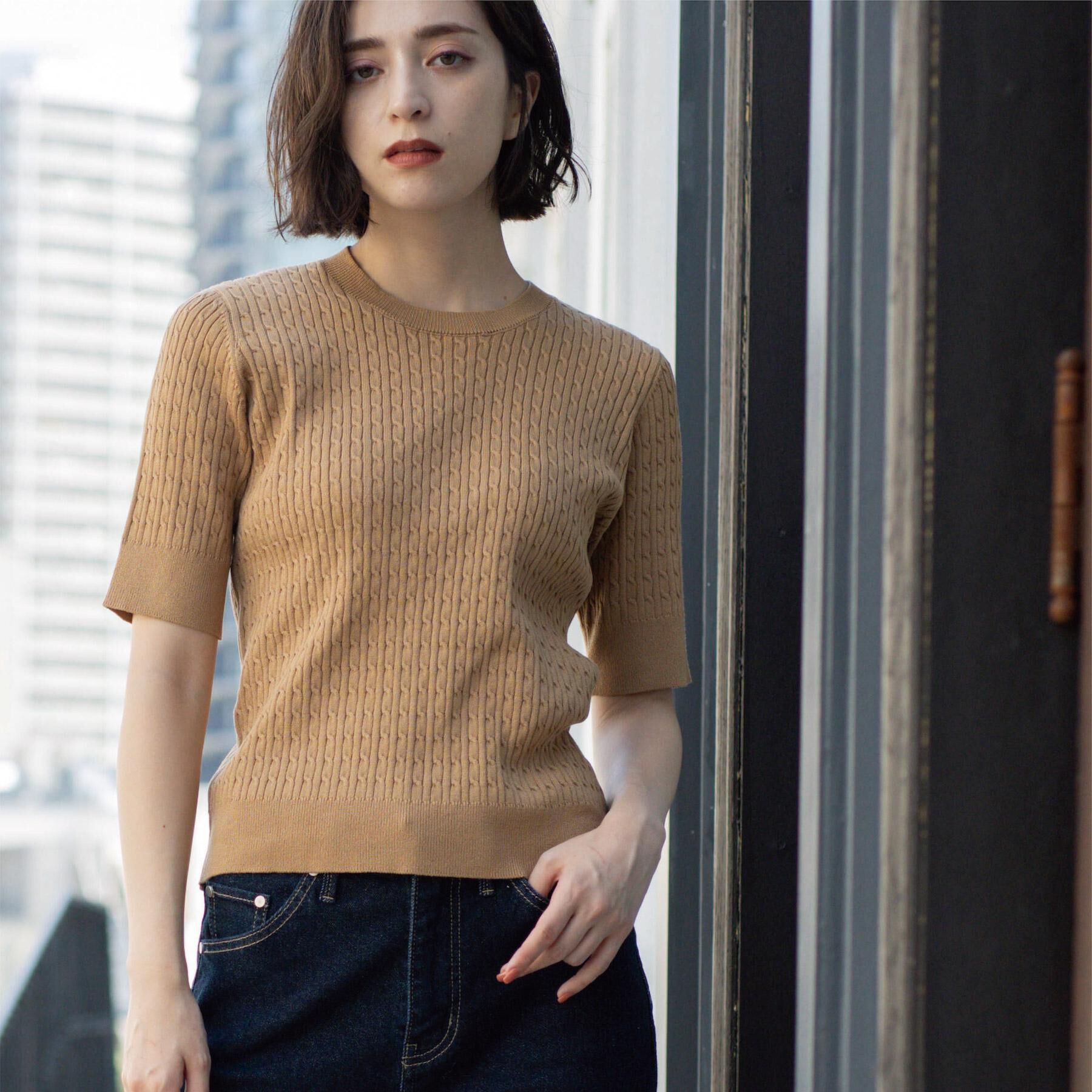 OPAQUE.CLIP「ケーブルハーフスリーブニット【UVケア/洗濯機OK】《6col/S～LL》」|ニット・セーター|