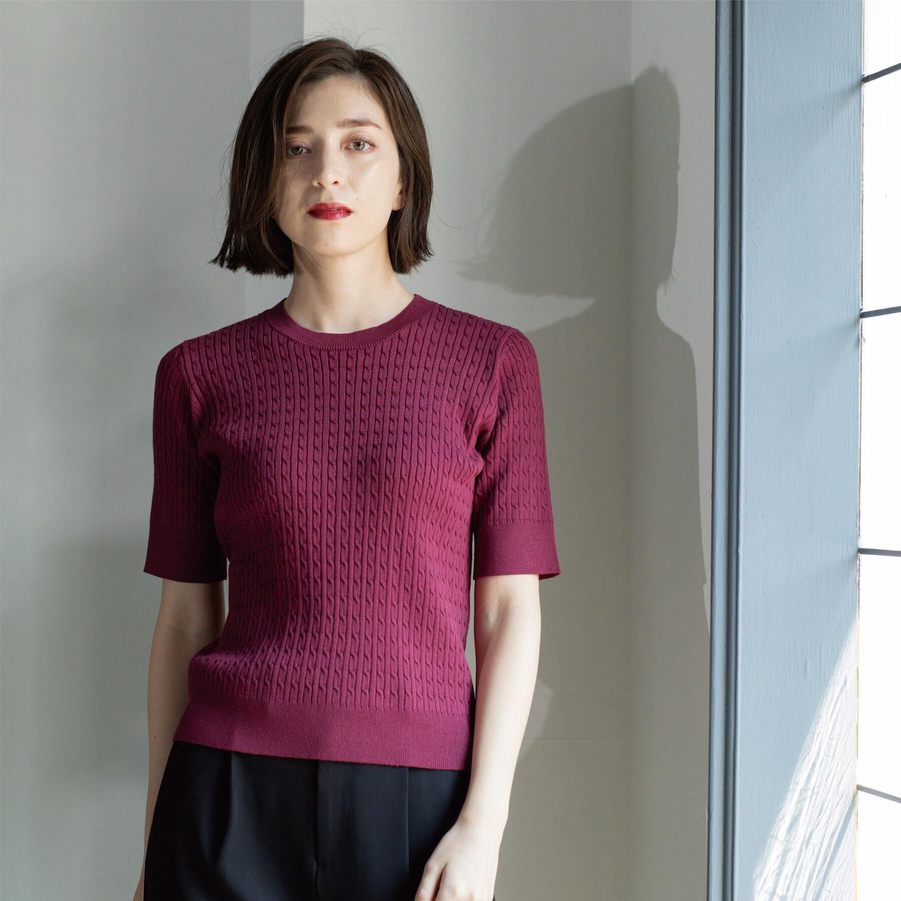 OPAQUE.CLIP「ケーブルハーフスリーブニット【UVケア/洗濯機OK】《6col/S～LL》」|ニット・セーター|