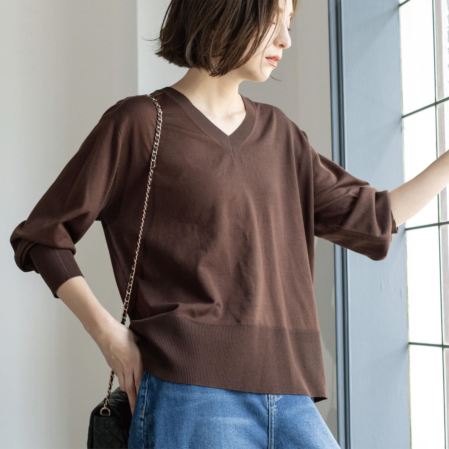 OPAQUE.CLIP「リラクシーVネックニット【洗濯機洗OK】《6col》」|ニット・セーター|ブラウン(044)