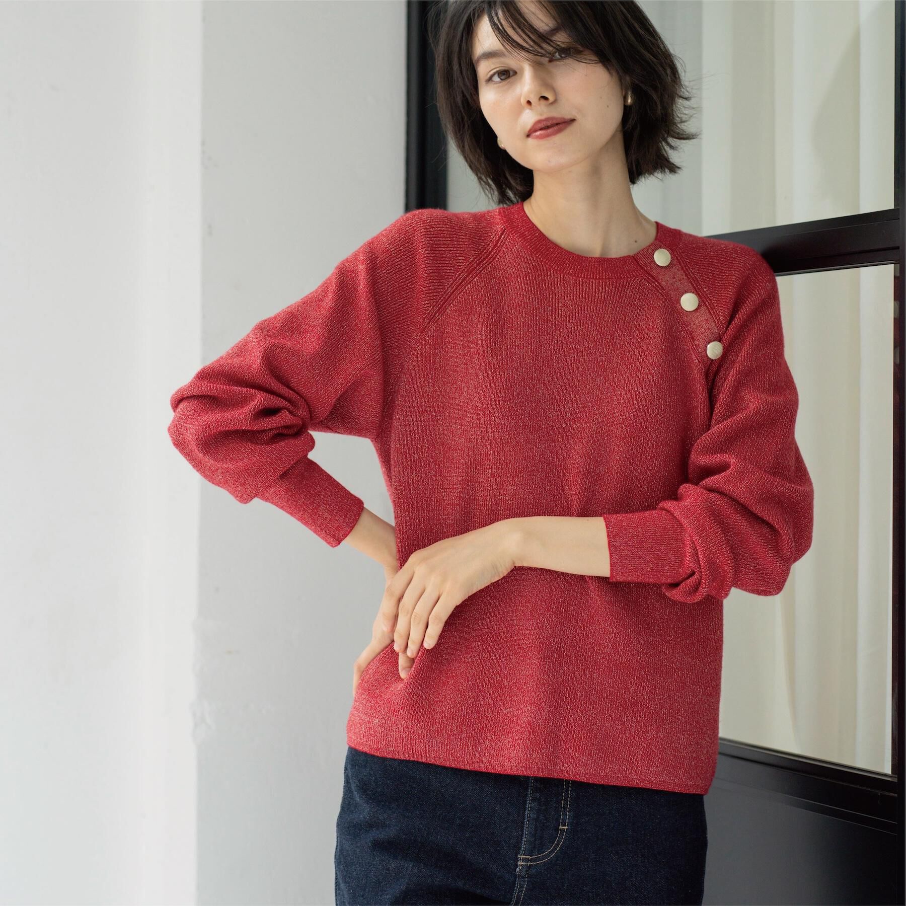 OPAQUE.CLIP「ボタンデザインラメニット【洗濯機OK】」|ニット・セーター|レッド(662)