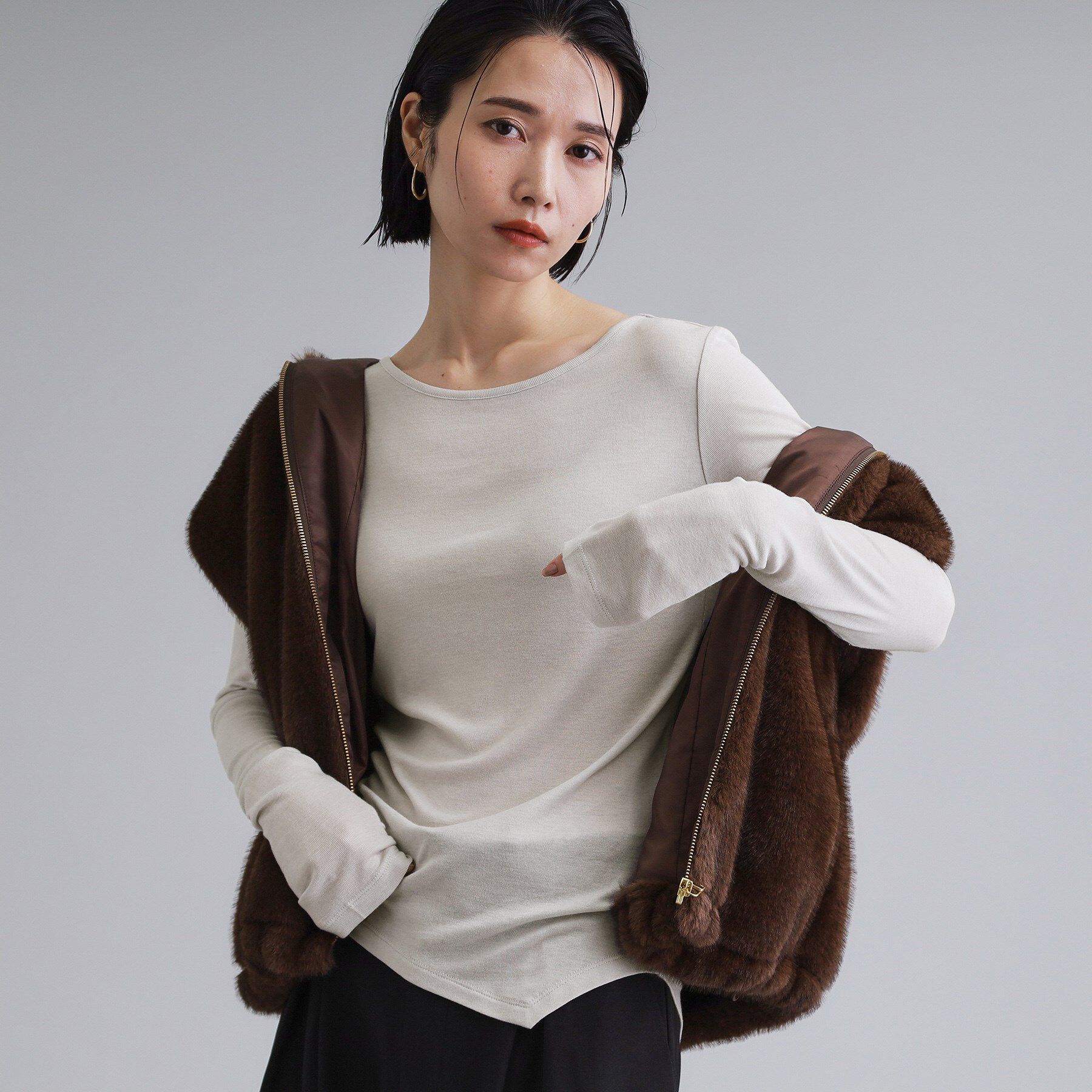 OPAQUE.CLIP「【es】シアーリブアシメレイヤードカットソー」|Tシャツ・カットソー|