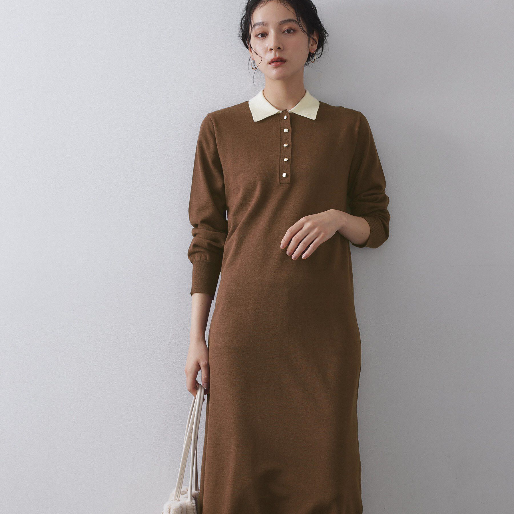 OPAQUE.CLIP「配色ポロ衿ニットワンピース【洗濯機OK】」|ワンピース|