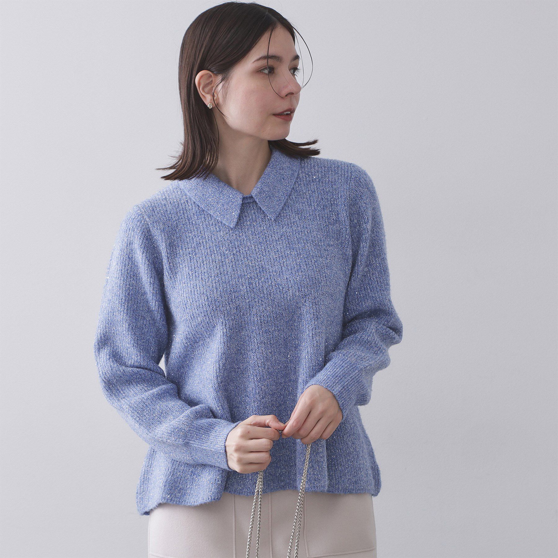OPAQUE.CLIP「スパンコールラメ衿2WAYペプラムニット【洗濯機OK】」|ニット・セーター|ブルー(691)