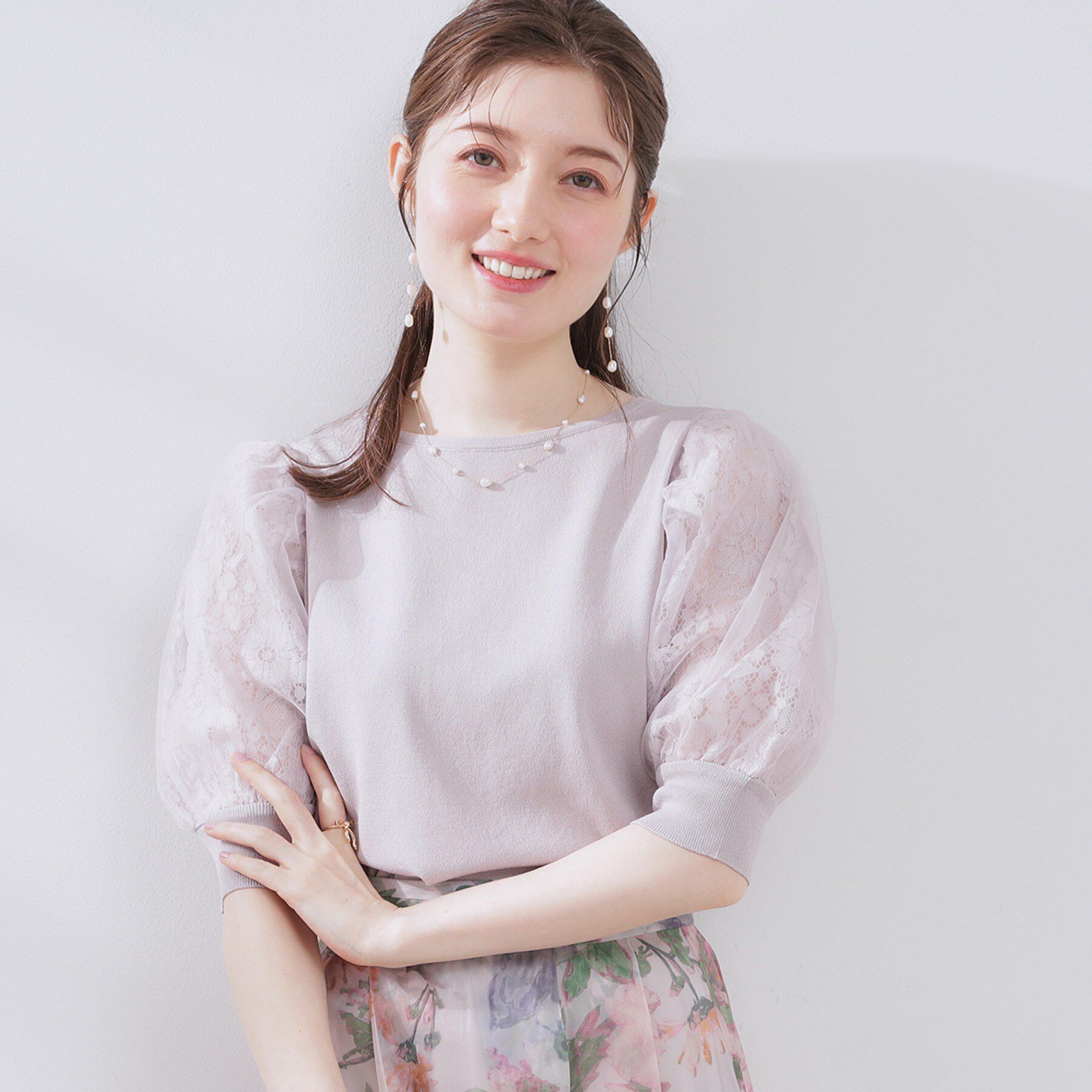 Couture broach「【洗える・UV機能・通勤】オーガンレース袖ニット」|ニット・セーター|