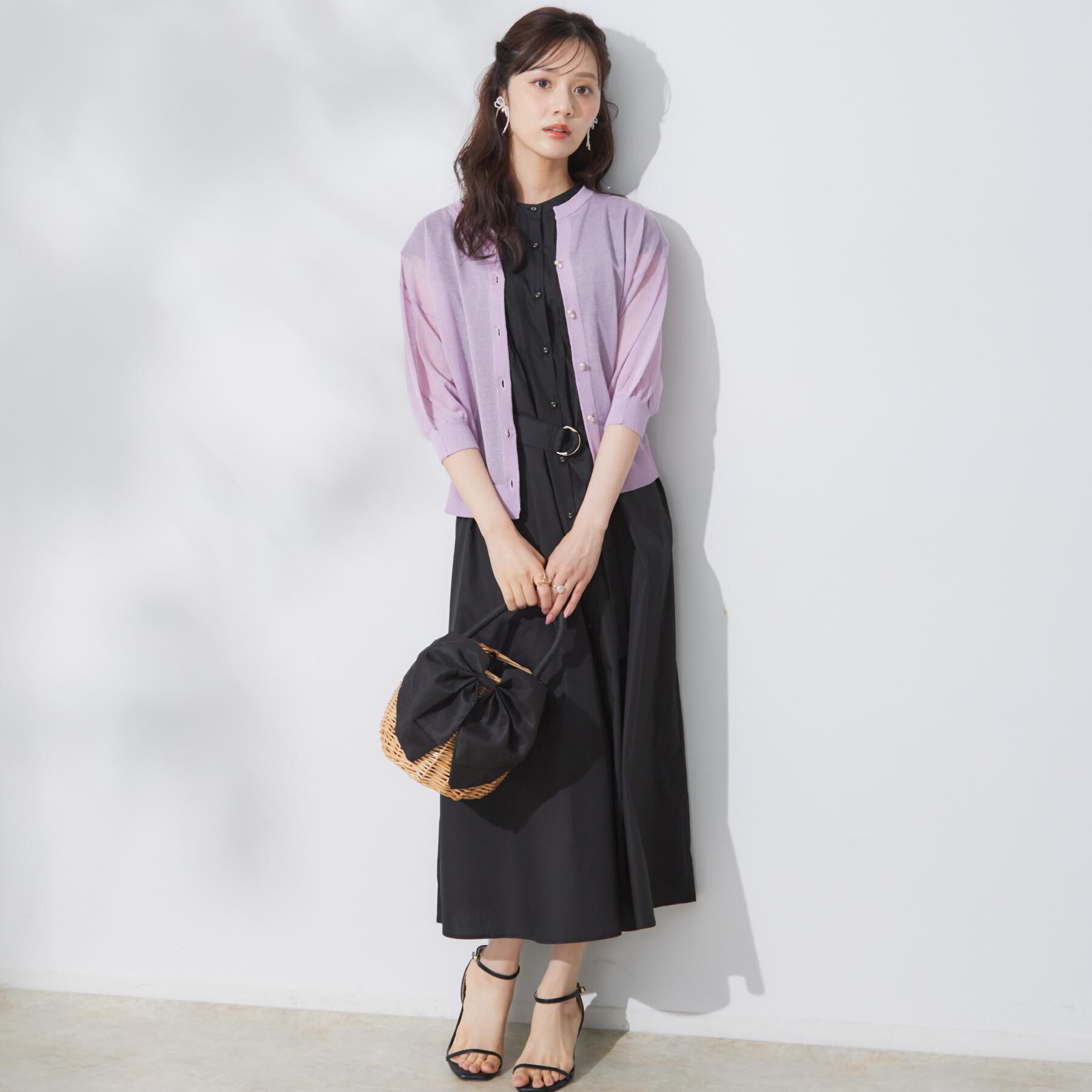 Couture broach「【前後2WAY・二の腕カバー】ダブルパール調釦5分袖シアーカーディガントップス」|カーディガン|