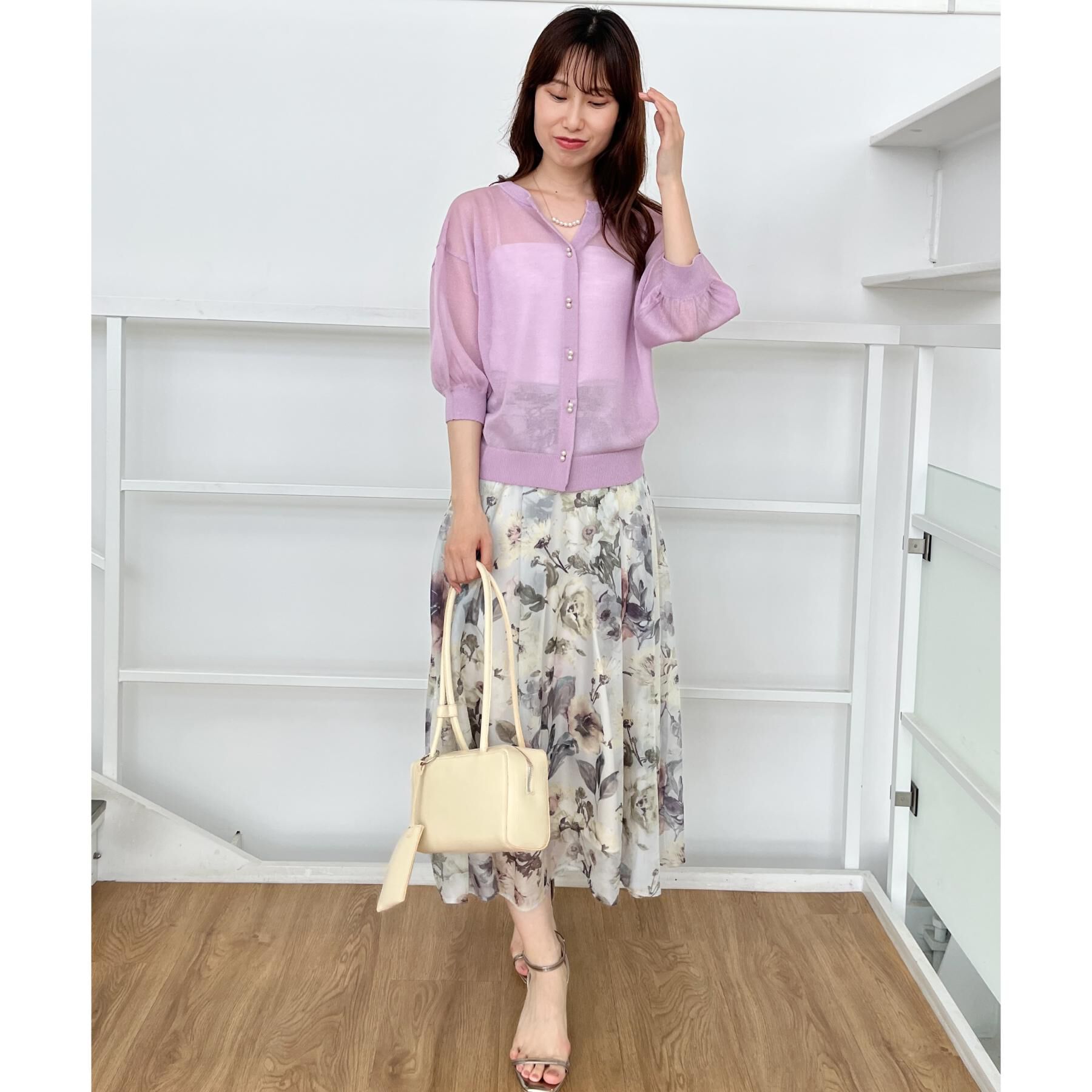 Couture broach「【前後2WAY・二の腕カバー】ダブルパール調釦5分袖シアーカーディガントップス」|カーディガン|