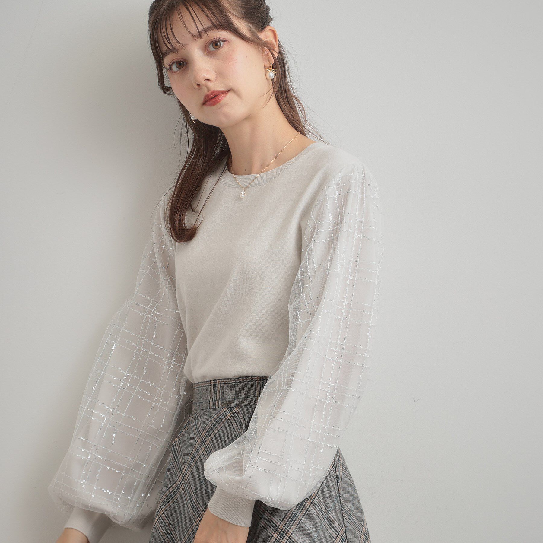 Couture broach「【フェミニン・着映え】袖チェックチュール ドッキングニット」|ニット・セーター|ライトグレー(011