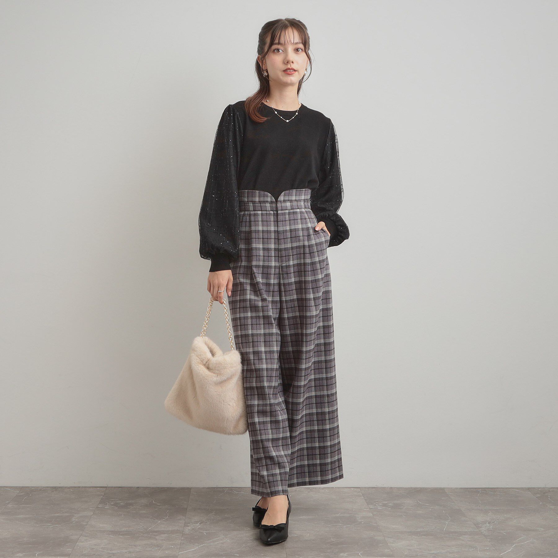 Couture broach「【フェミニン・着映え】袖チェックチュール ドッキングニット」|ニット・セーター|