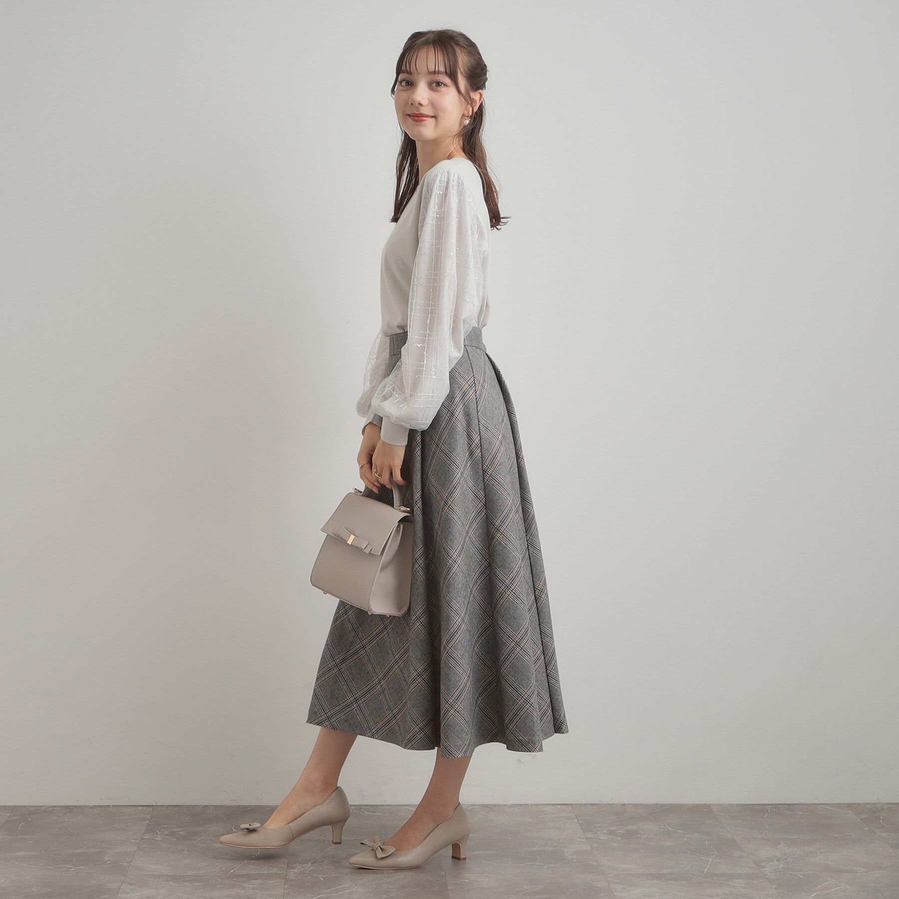 Couture broach「【フェミニン・着映え】袖チェックチュール ドッキングニット」|ニット・セーター|