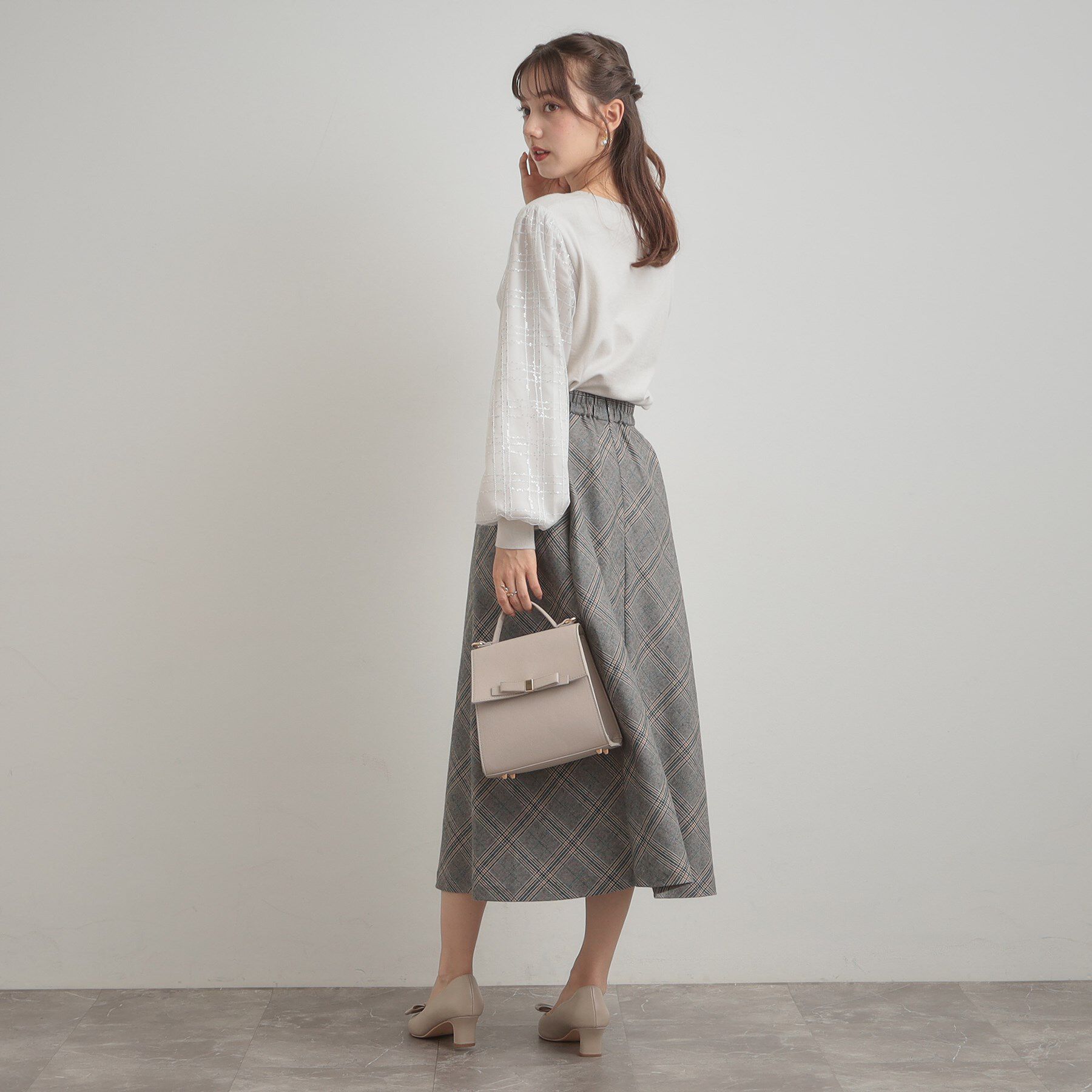 Couture broach「【フェミニン・着映え】袖チェックチュール ドッキングニット」|ニット・セーター|