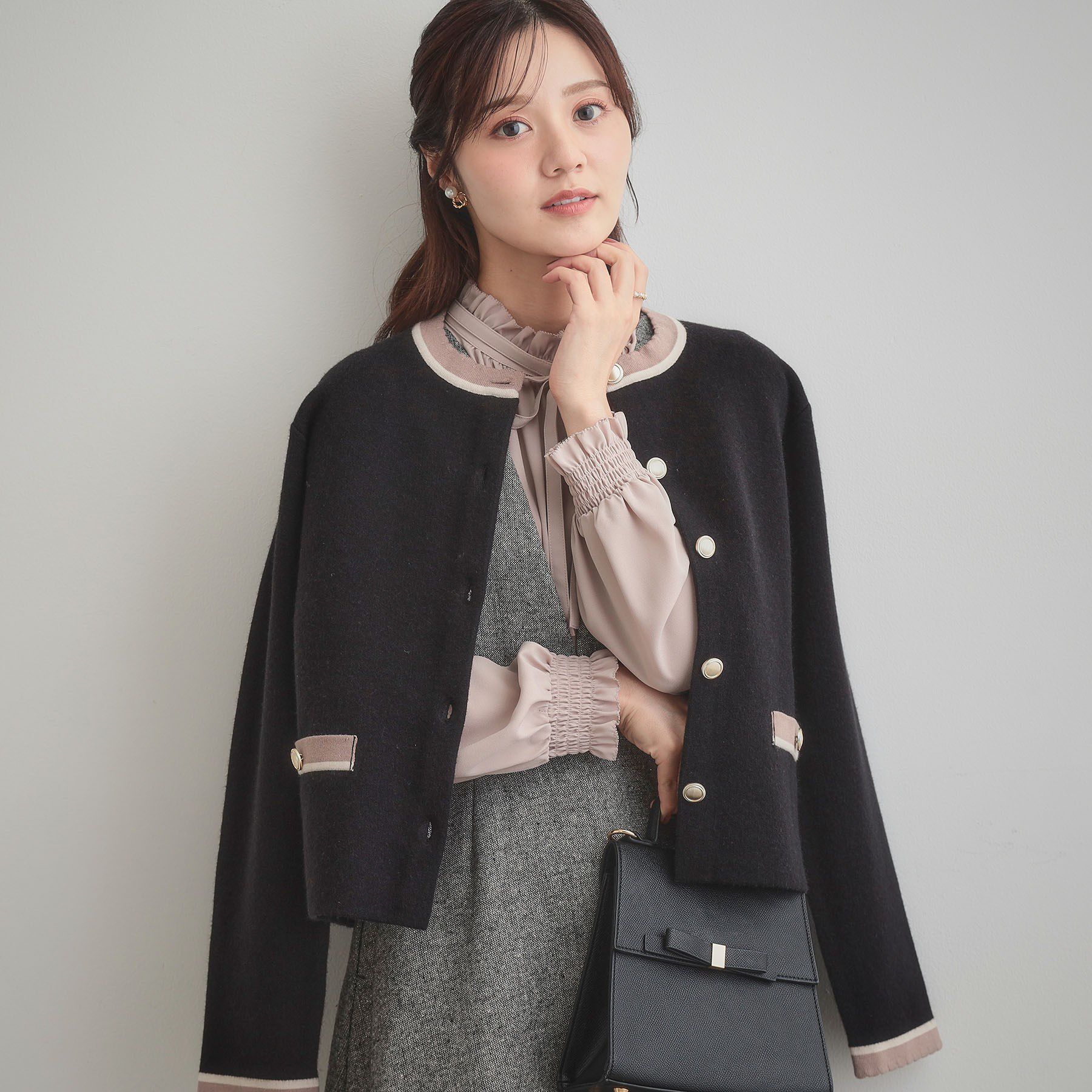 Couture broach「【通勤・大人上品】ムースタッチジャカード 配色スカラカーディ」|カーディガン|