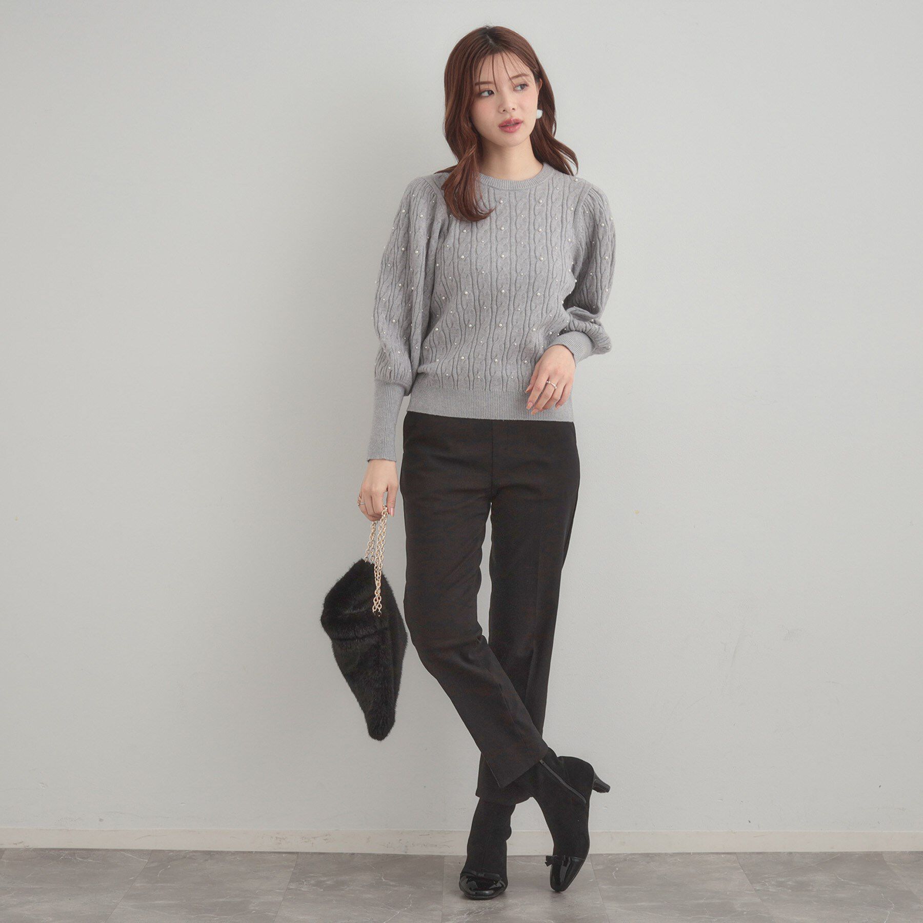 Couture broach「【華やぎ・一枚で着映え】ケーブルパール調ニット」|ニット・セーター|