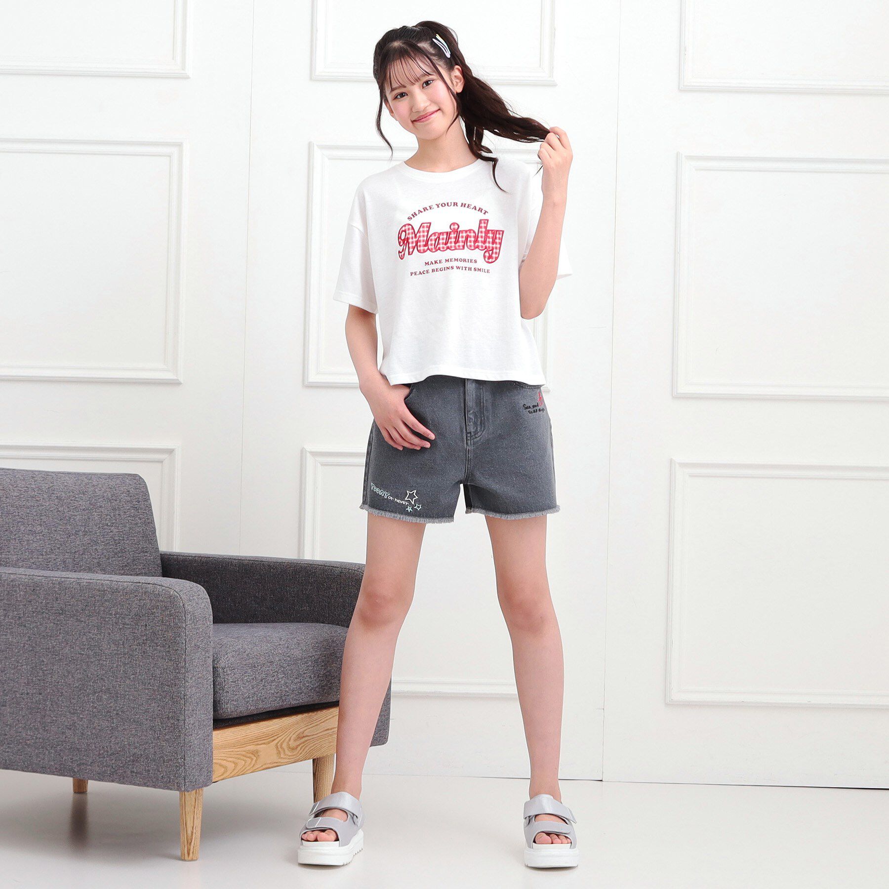 PINK-latte「らくがき刺繍フリンジショートパンツ」|キュロット|