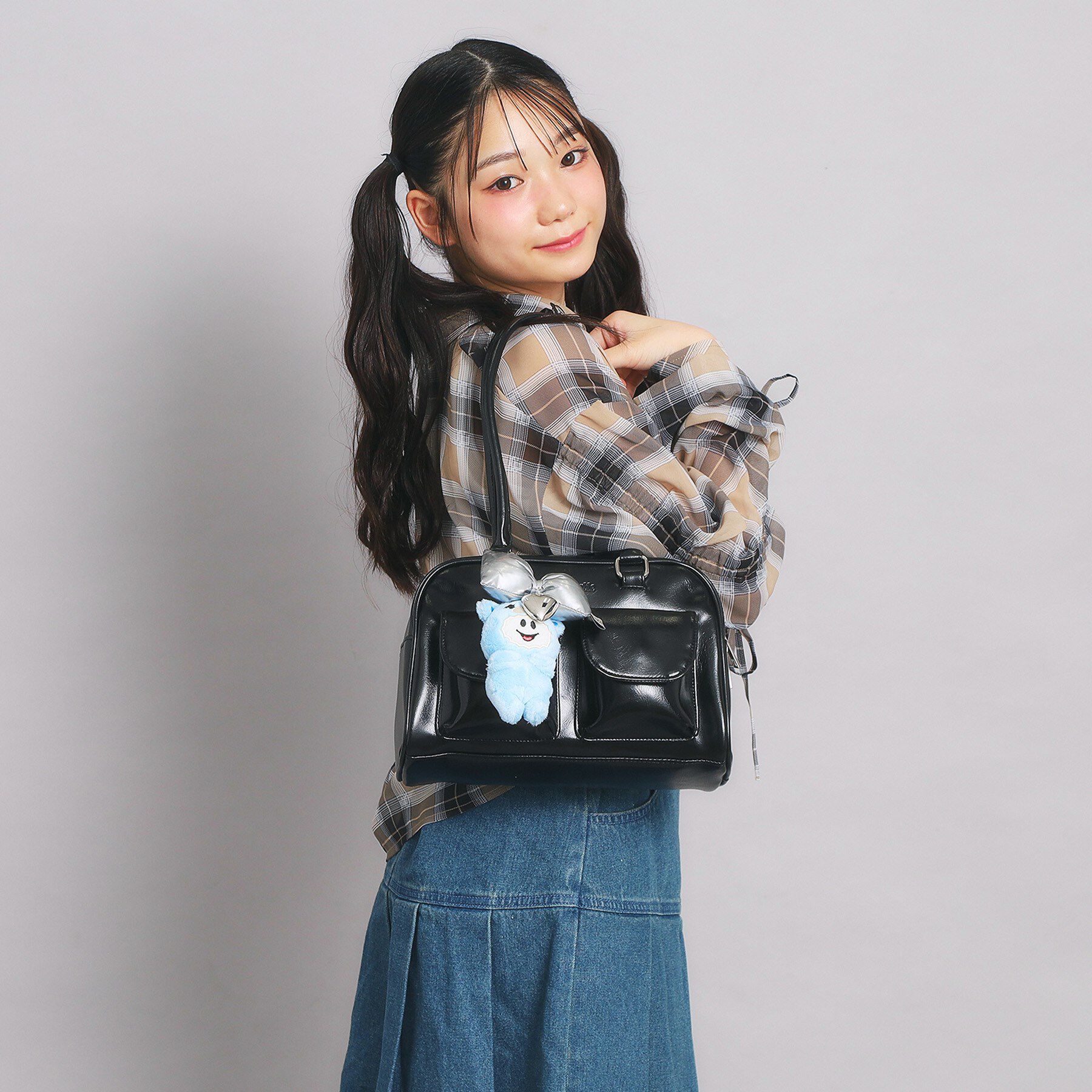 PINK-latte「アウトポケット ロングハンドルバッグ」|ハンドバッグ|ブラック(019)