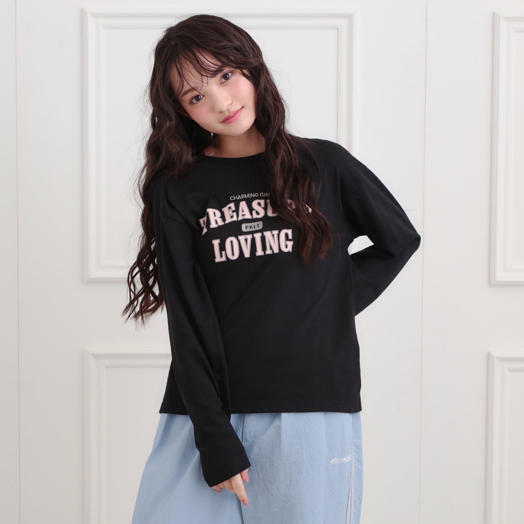 PINK-latte「【プチプラ】カレッジロンT」|Tシャツ・カットソー|ブラック(019)