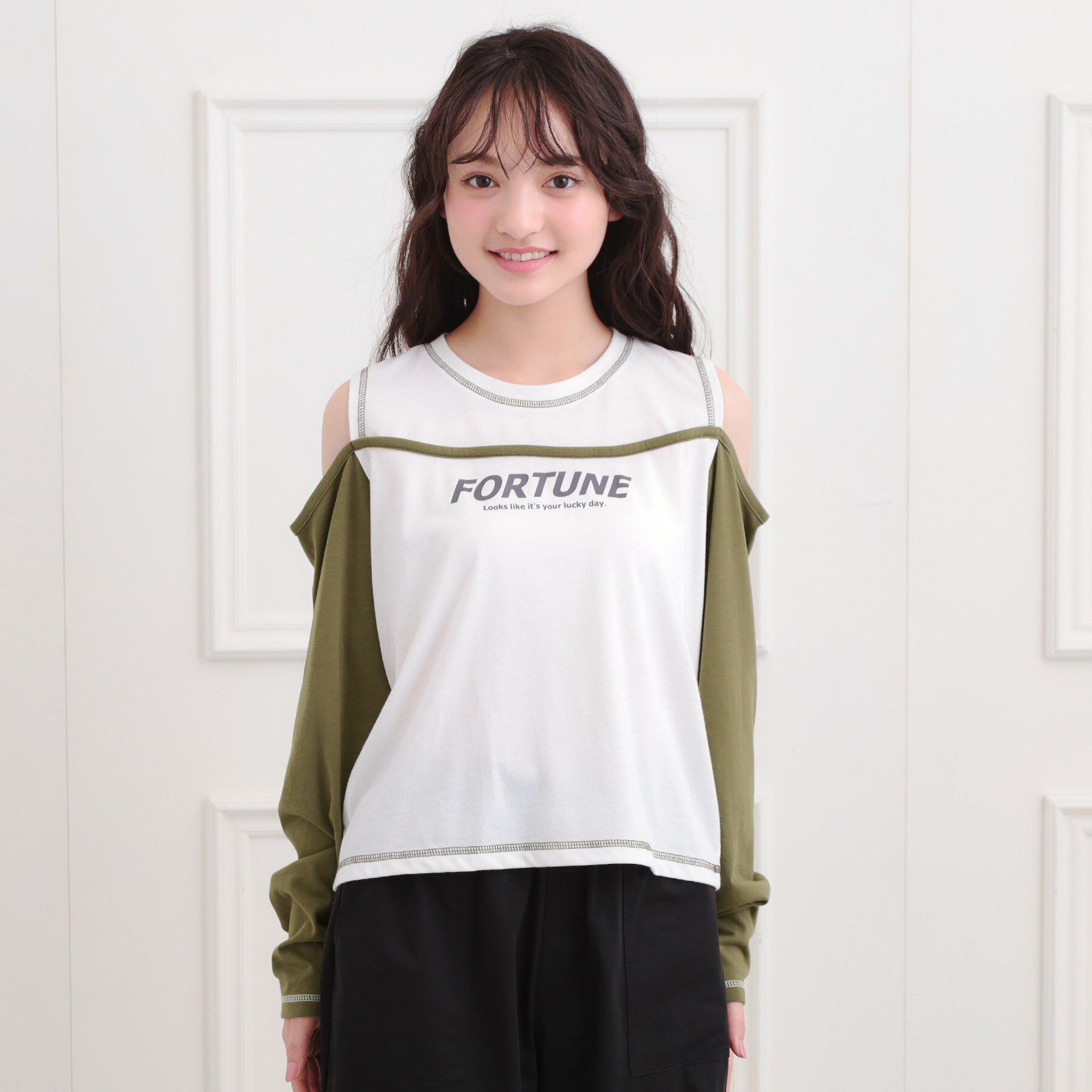 PINK-latte「レイヤード風肩あきロンT」|Tシャツ・カットソー|