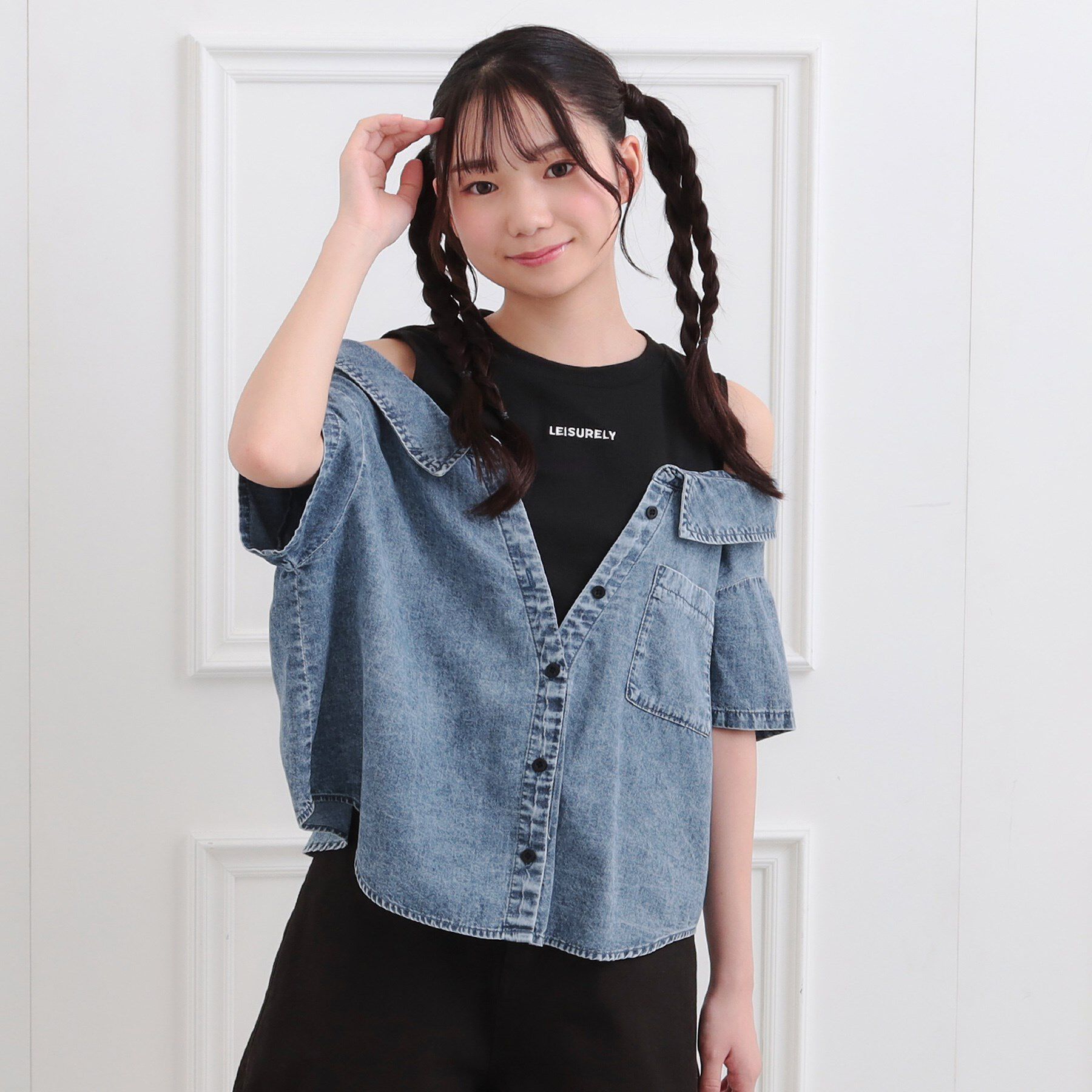 PINK-latte「肩あきデニムドッキングシャツ」|Tシャツ・カットソー|ネイビー(494)