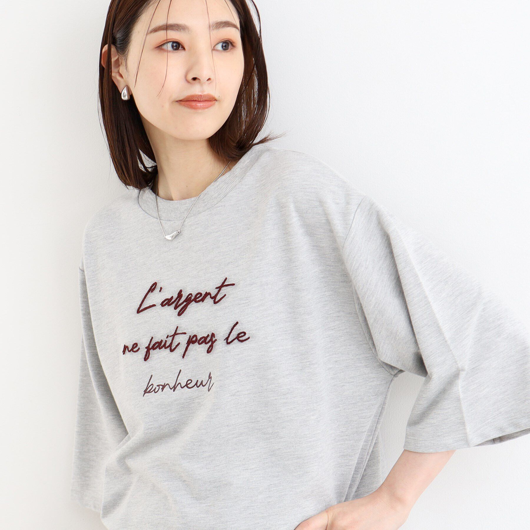 THE SHOP TK「【リラクシー/チュニック丈】6分袖裏毛刺繍プルオーバー/洗える」|Tシャツ・カットソー|ｸﾞﾚｰ(012)