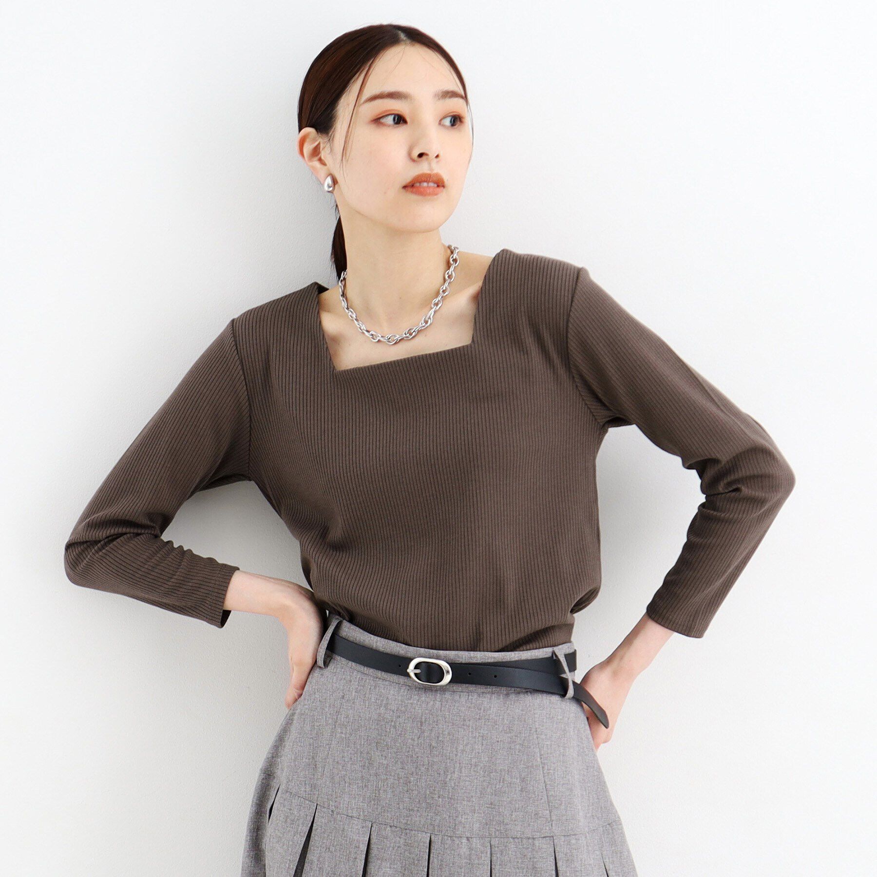 THE SHOP TK「スクエアリブネック9分袖プルオーバー」|ニット・セーター|トープ(054)