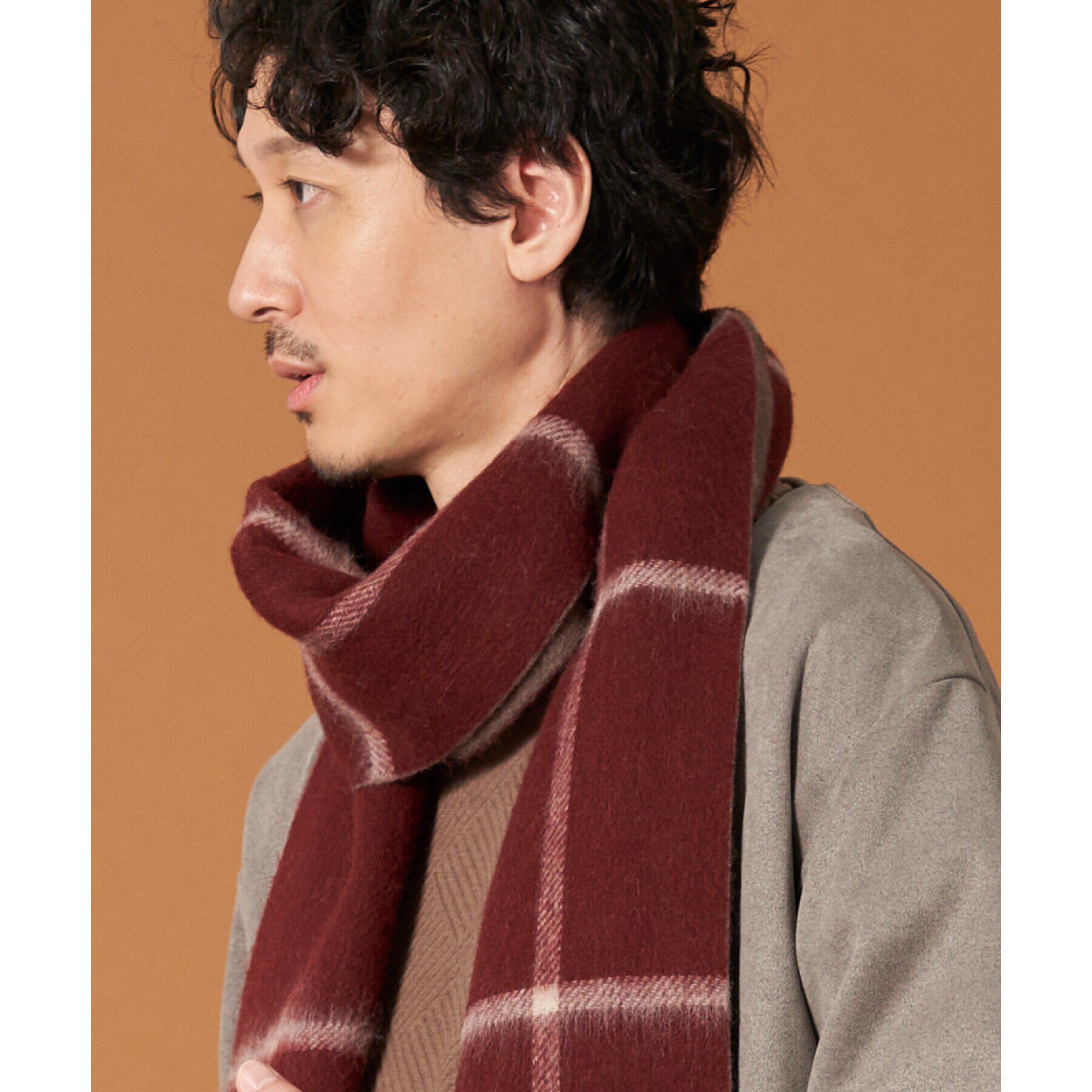 THE SHOP TK「ウールリバーシブルマフラー ビジネス兼用 ／ チェック ／ へリンボン」|ストール|ボルドー(264)