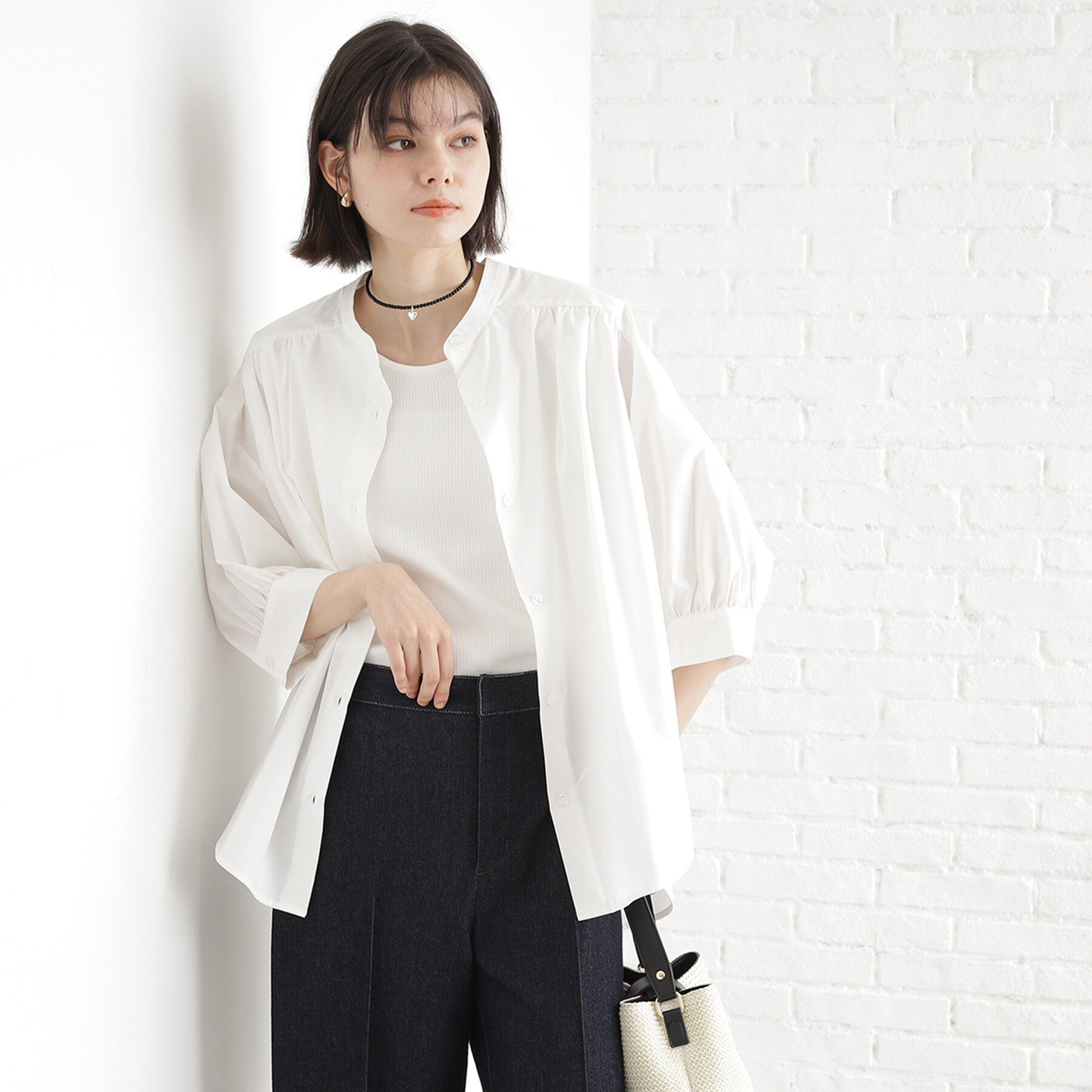 THE SHOP TK「【体型カバー】6分袖バックシャーリングシャツ/洗える」|シャツ・ブラウス|オフホワイト(003