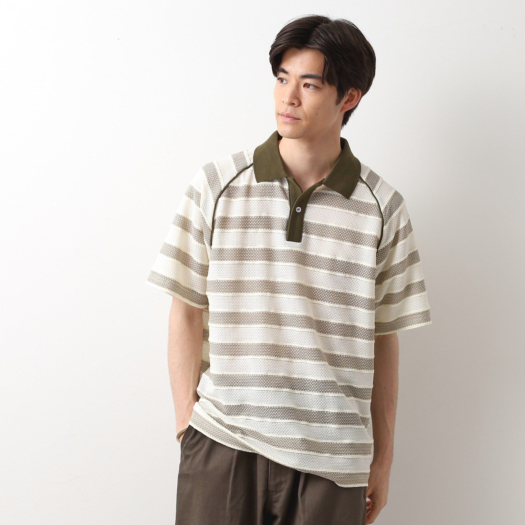 THE SHOP TK「変形ボーダーポロシャツ【洗濯機OK】」|Tシャツ・カットソー|カーキ(327)