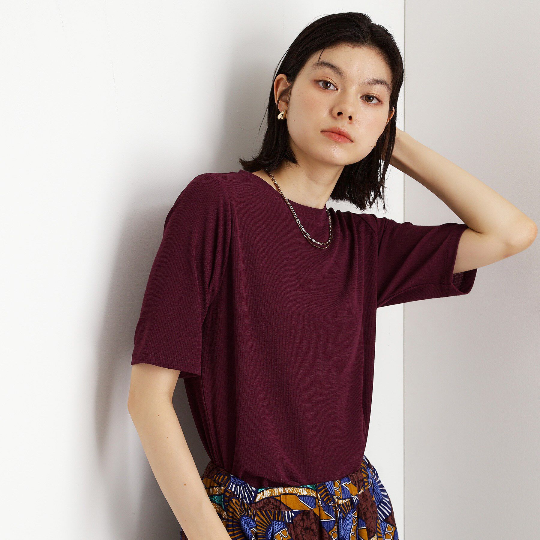 THE SHOP TK「5分袖シアーTシャツ【二の腕カバー/洗濯機OK】」|Tシャツ・カットソー|ボルドー(064)