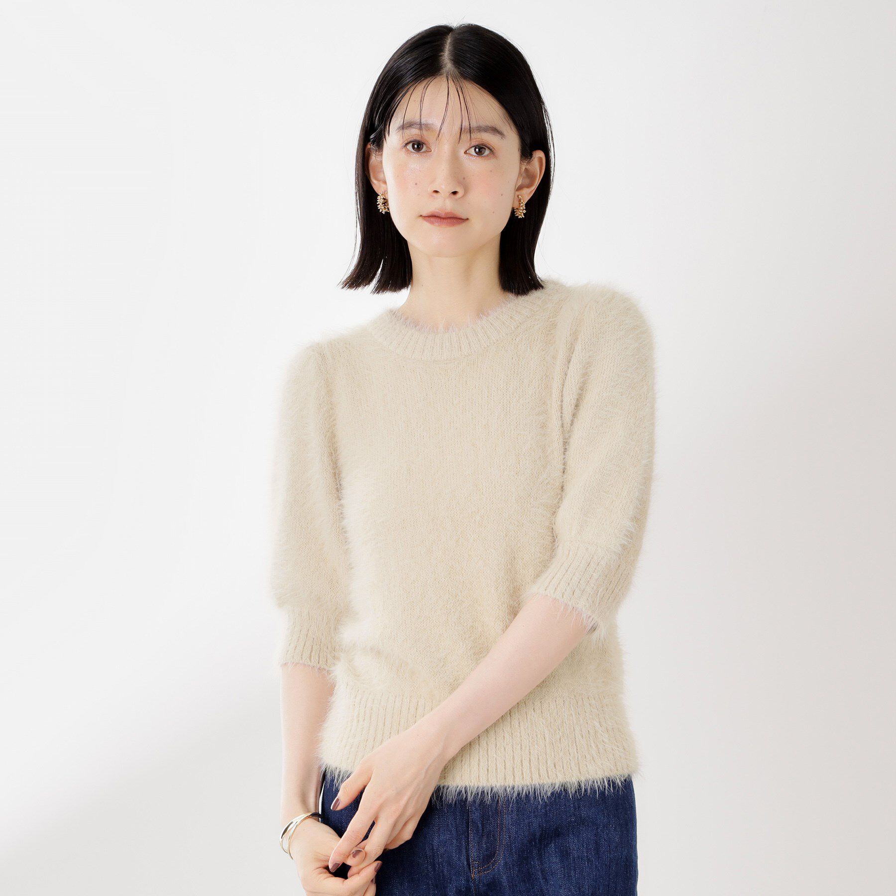 THE SHOP TK「【大人の魅力引き出す】5分袖フェザーニット/洗える」|ニット・セーター|アイボリー(004)